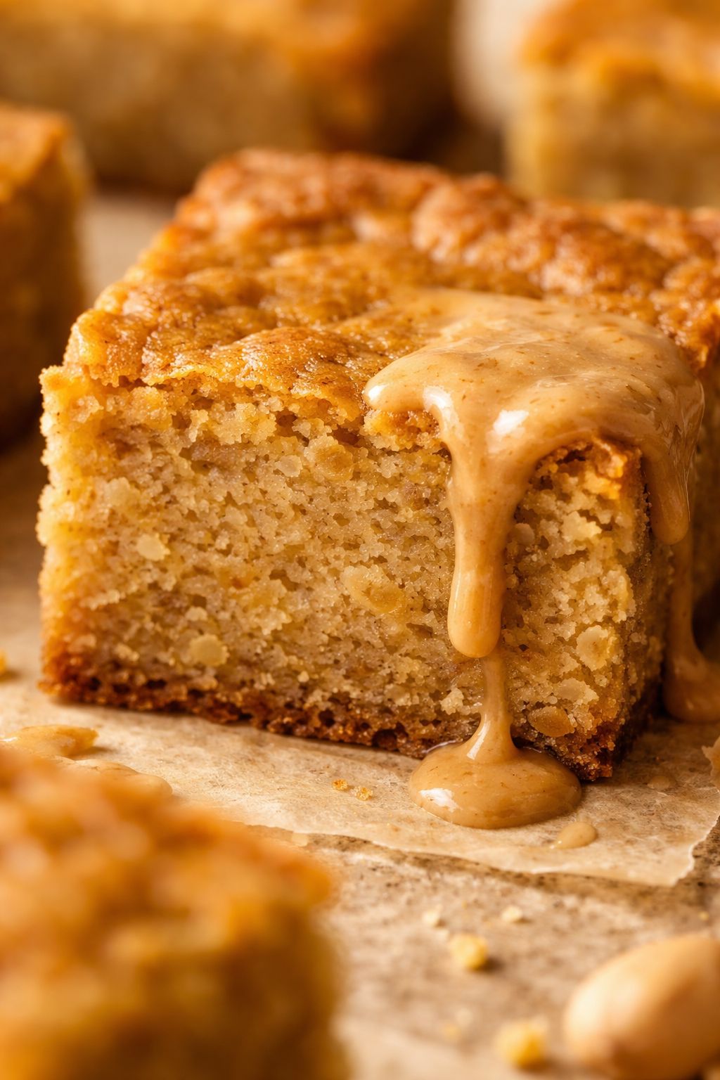 Portrait/Pinterest format () close-up macro shot of a freshly sliced chickpea blondie bar showing dense fudgy interior