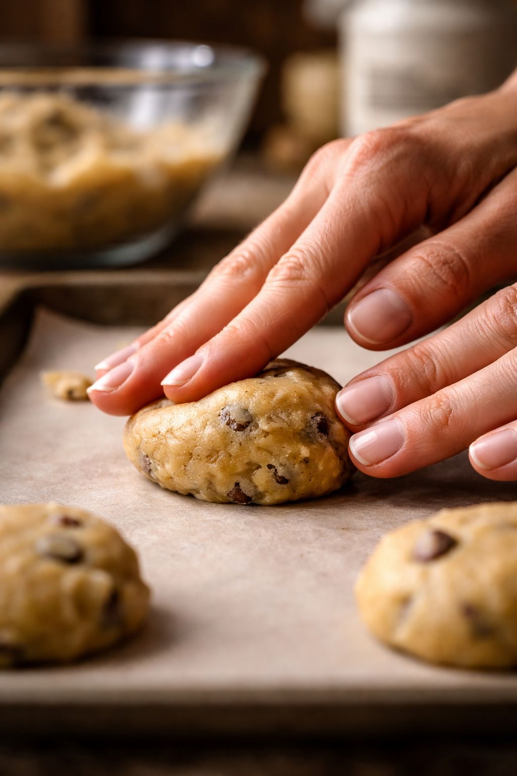 Portrait/Pinterest format () close-up macro shot of hands pressing a cookie dough ball onto a parchment-lined baking sheet,