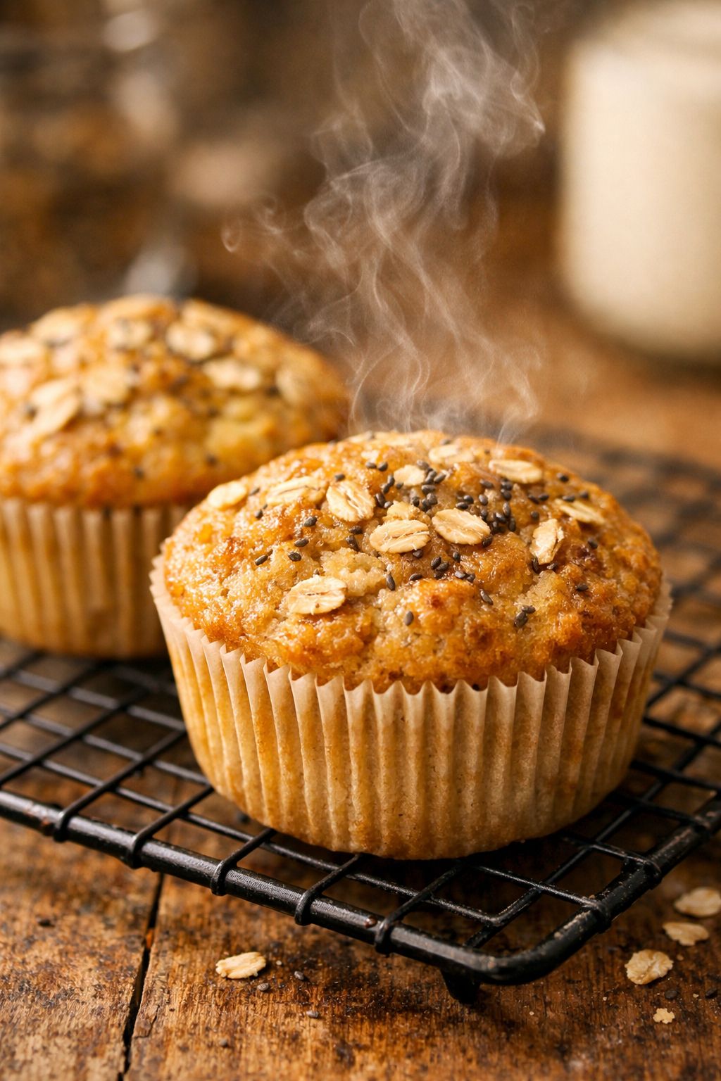 Portrait/Pinterest format () close-up macro shot of two freshly baked vanilla protein muffins on a cooling rack, golden