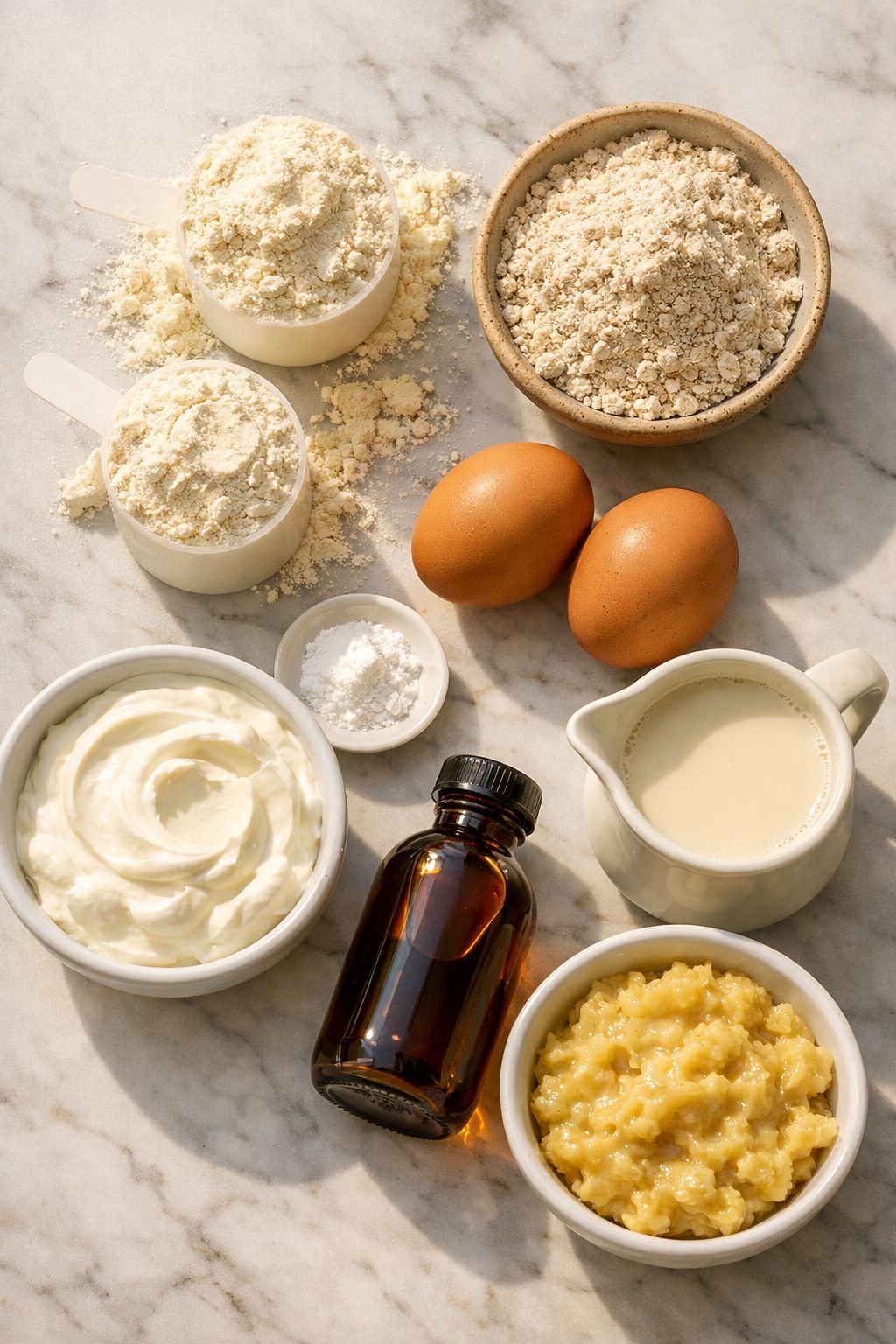 Portrait/Pinterest format () close-up overhead flat-lay of vanilla protein pancake ingredients artfully arranged on a white