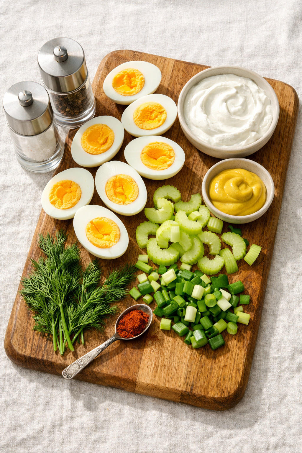 Portrait/Pinterest format () close-up overhead flat-lay shot of a wooden cutting board displaying all raw ingredients for