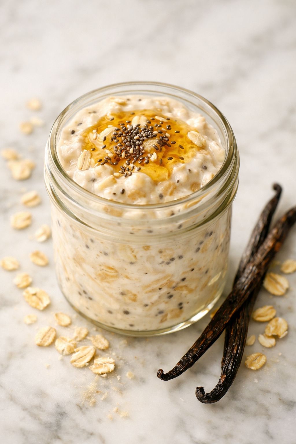 Portrait/Pinterest format () close-up overhead shot of a single glass jar of thick, creamy vanilla overnight oats with