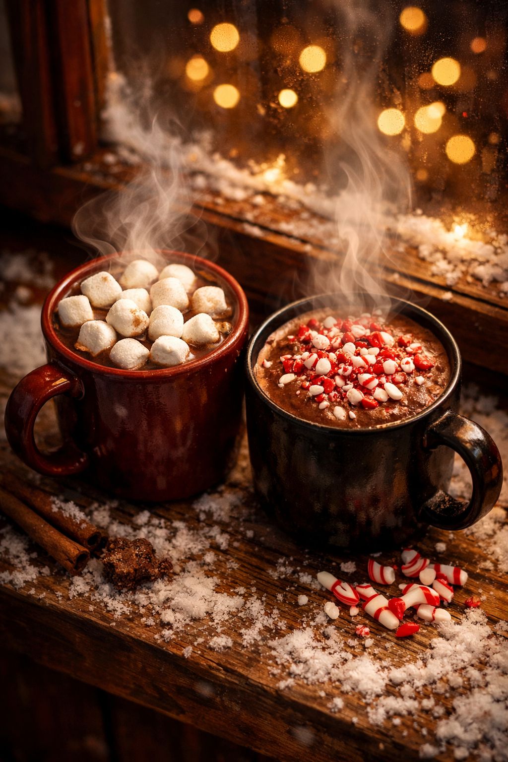 Portrait/Pinterest format () close-up overhead shot of two steaming mugs of protein hot chocolate with different toppings —