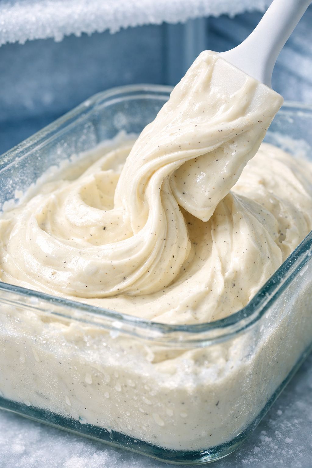 Portrait/Pinterest format () close-up side-angle shot of a glass freezer-safe container being filled with a thick, creamy