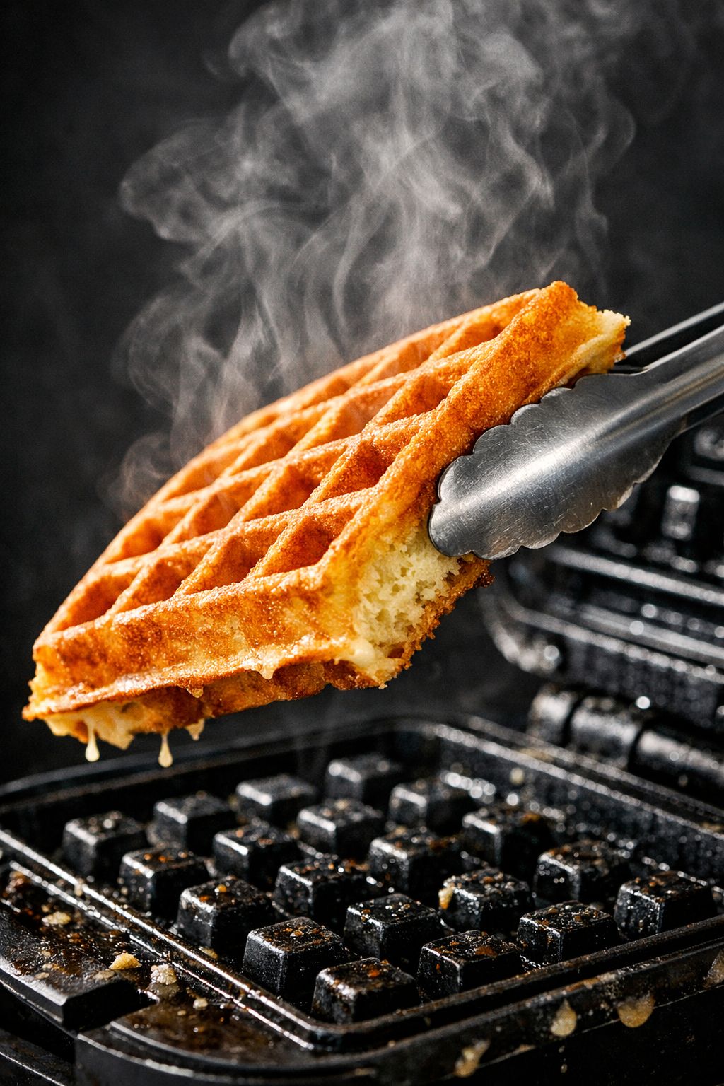 Portrait/Pinterest format () close-up side-angle shot of a single perfectly golden vanilla protein waffle being lifted from