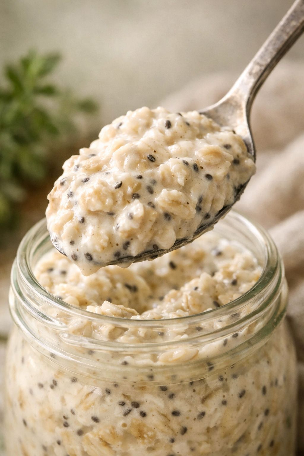 Portrait/Pinterest format () close-up side-angle shot of a spoonful of thick, creamy vanilla protein overnight oats being