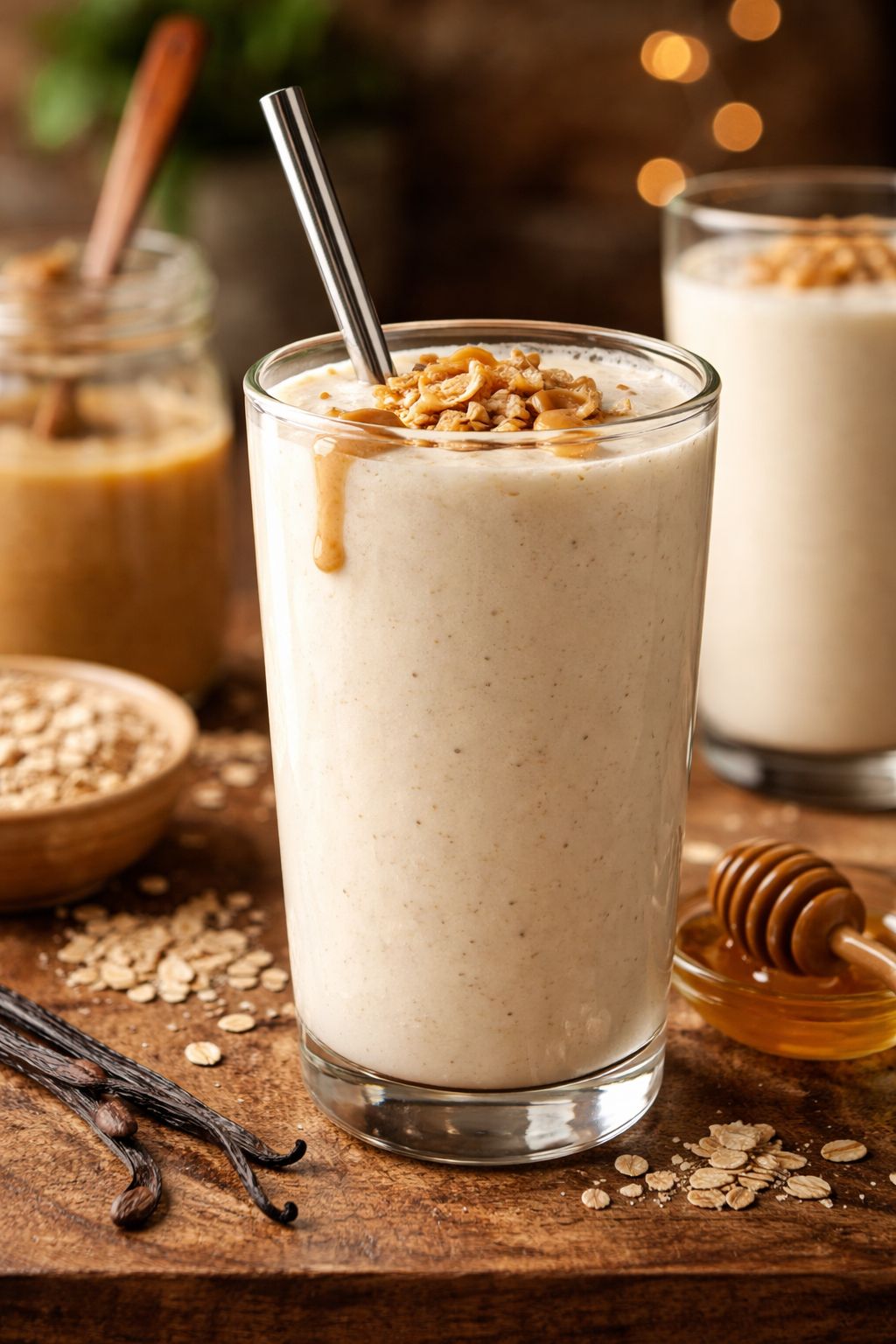 Portrait/Pinterest format () close-up side-angle shot of a thick vanilla protein smoothie in a tall clear glass with a metal