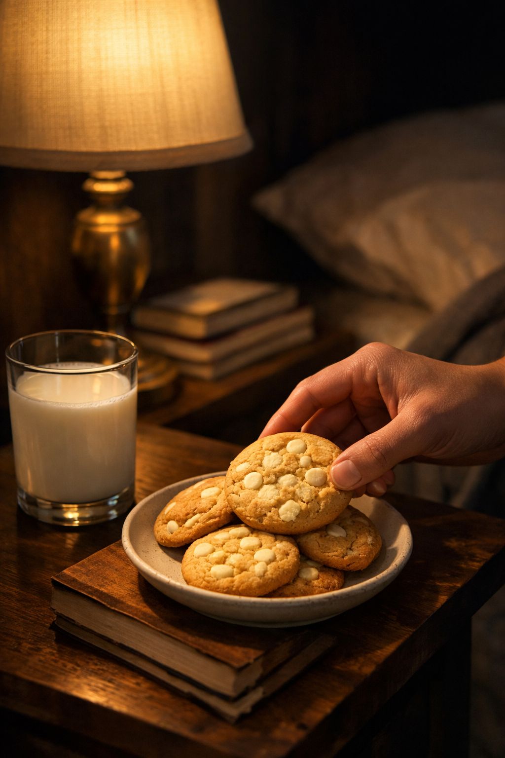 Portrait/Pinterest format () cozy nighttime scene of a person's hand reaching for a vanilla protein cookie from a small