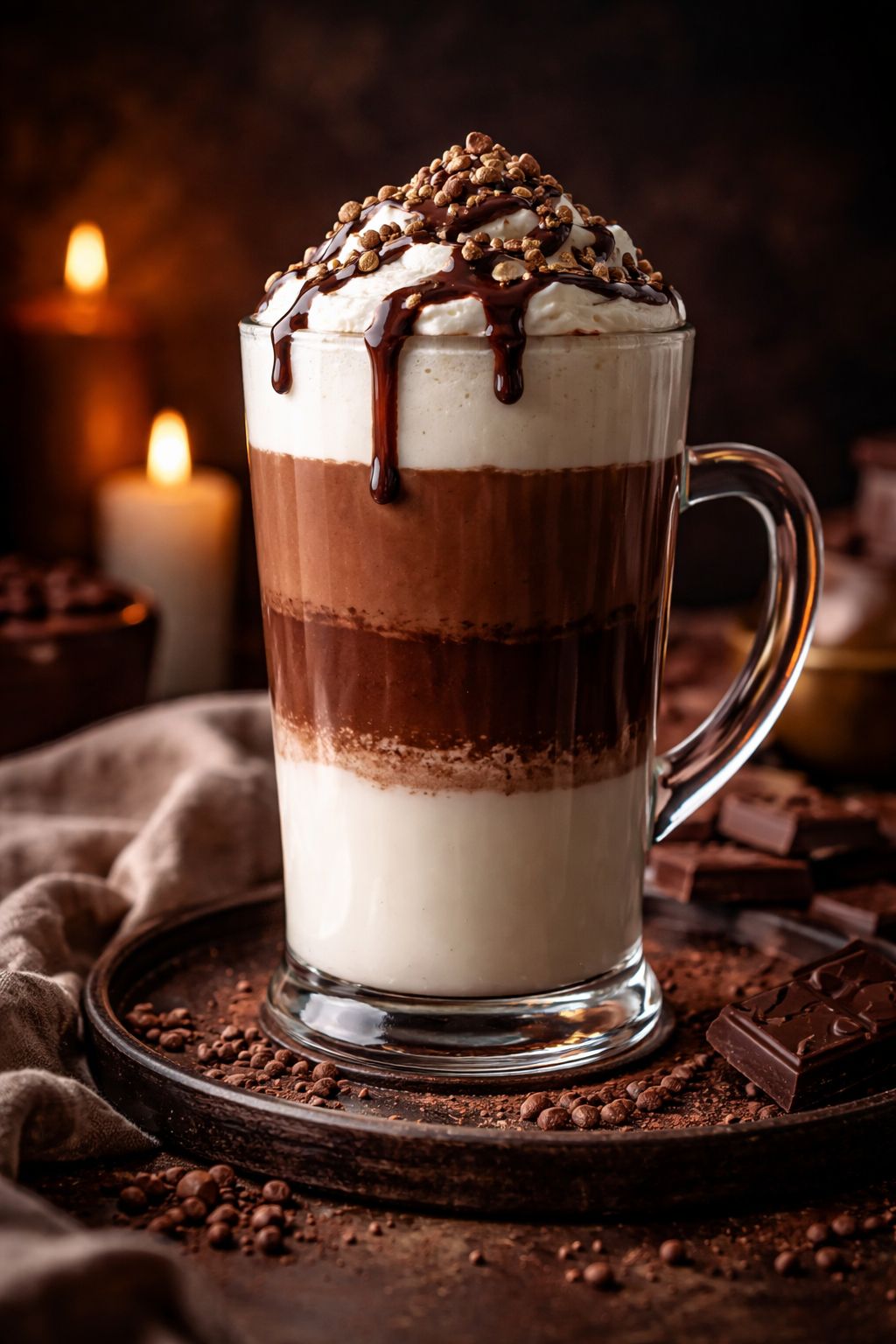 Portrait/Pinterest format () dramatic low-angle shot of a tall glass mug filled with layered vanilla protein hot chocolate