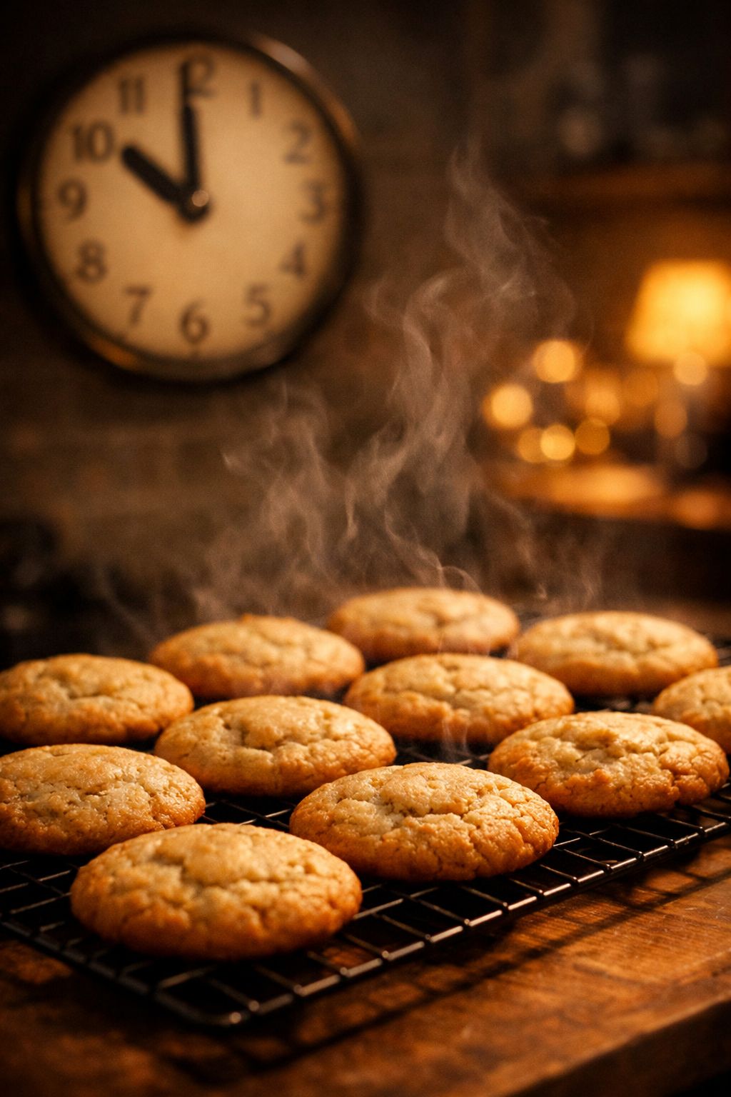 Portrait/Pinterest format () dramatic side-angle shot of 12 freshly baked vanilla protein cookies cooling on a wire rack,