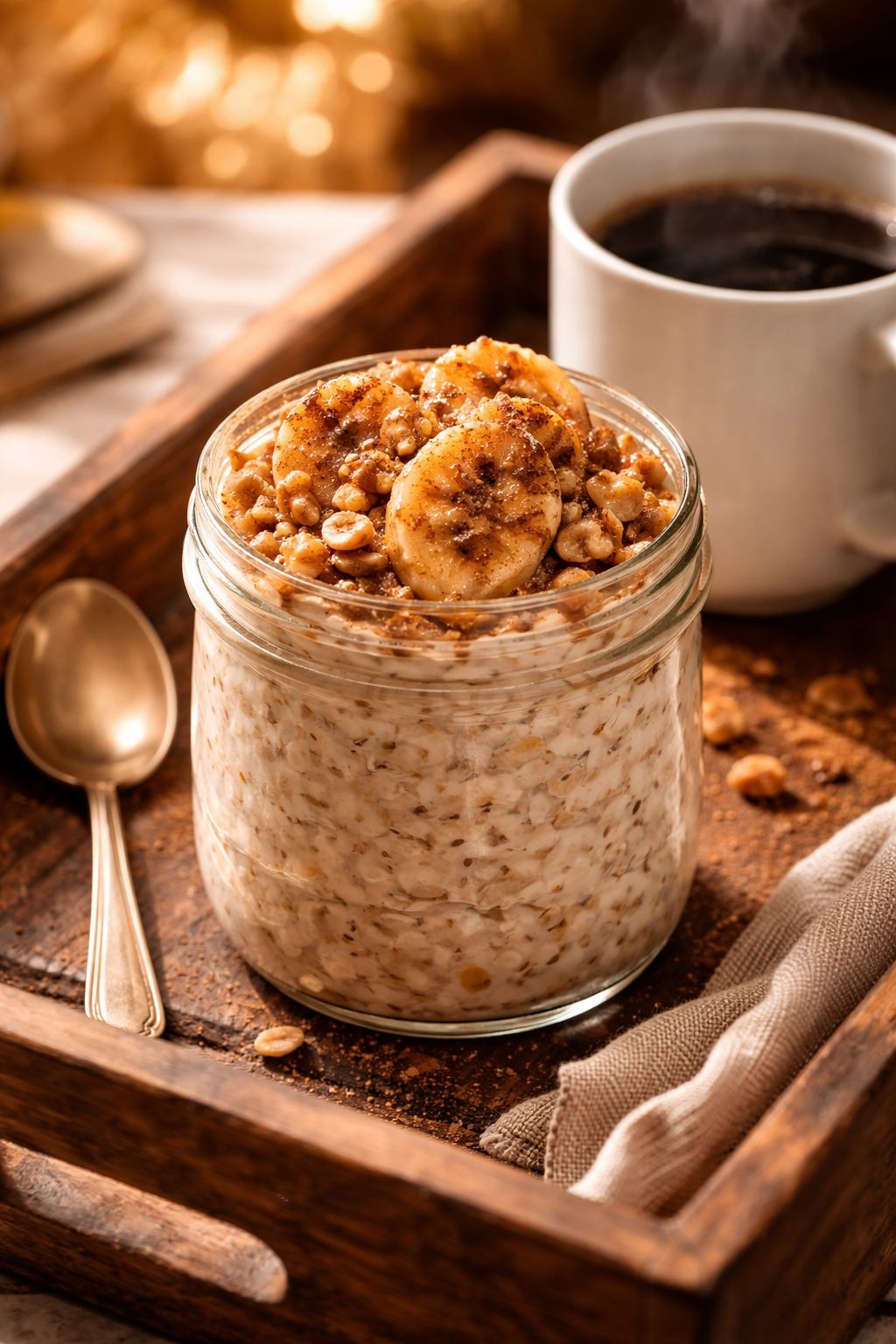 Portrait/Pinterest format () dynamic angled shot of a jar of vanilla protein overnight oats topped with caramelized banana