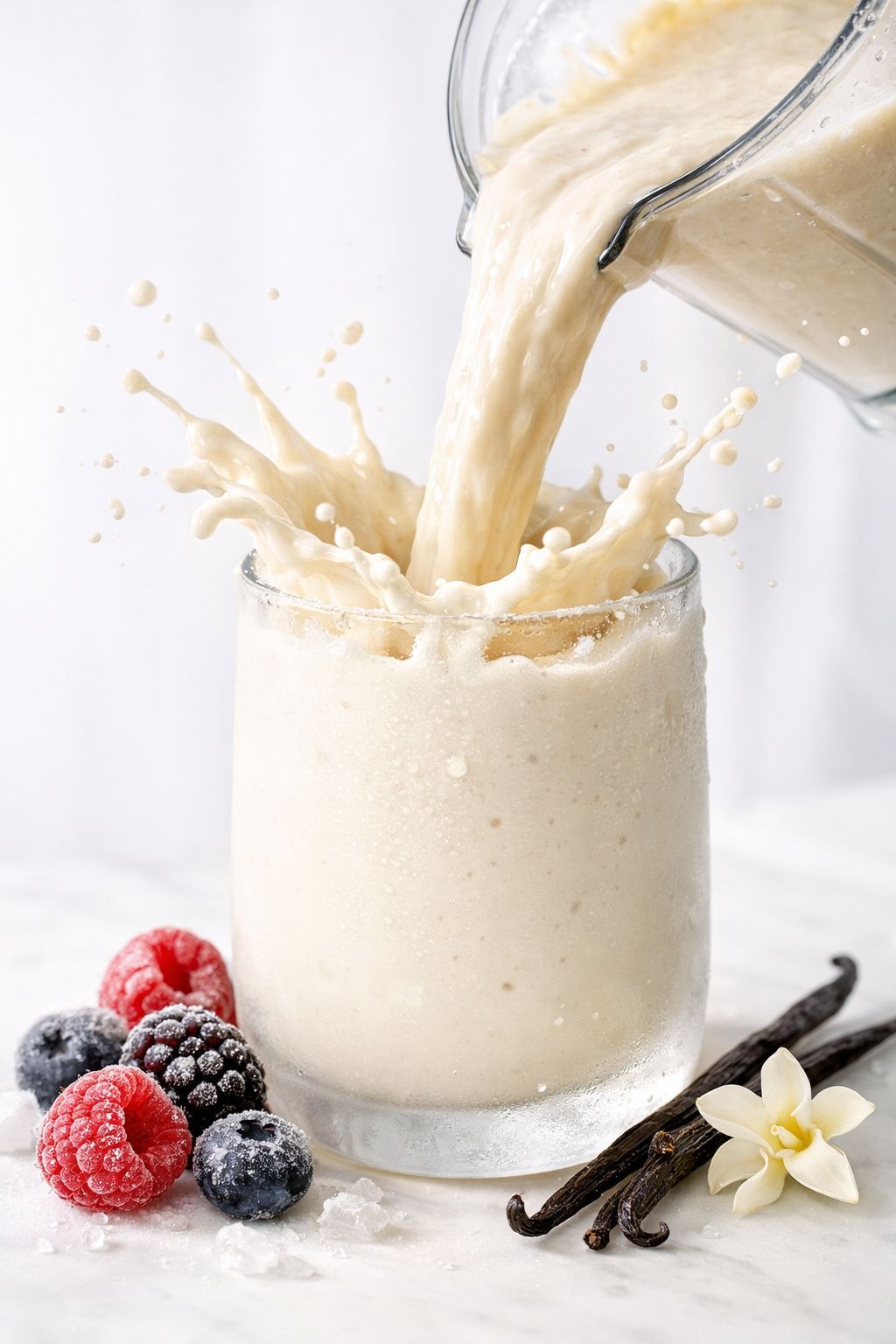 Portrait/Pinterest format () dynamic pouring shot of a creamy vanilla protein smoothie being poured from a blender into a