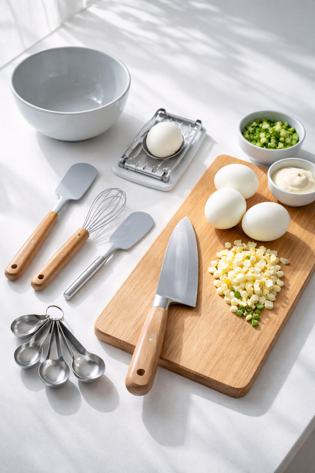 Portrait/Pinterest format () dynamic side-angle shot of kitchen tools neatly arranged on a clean white countertop for making