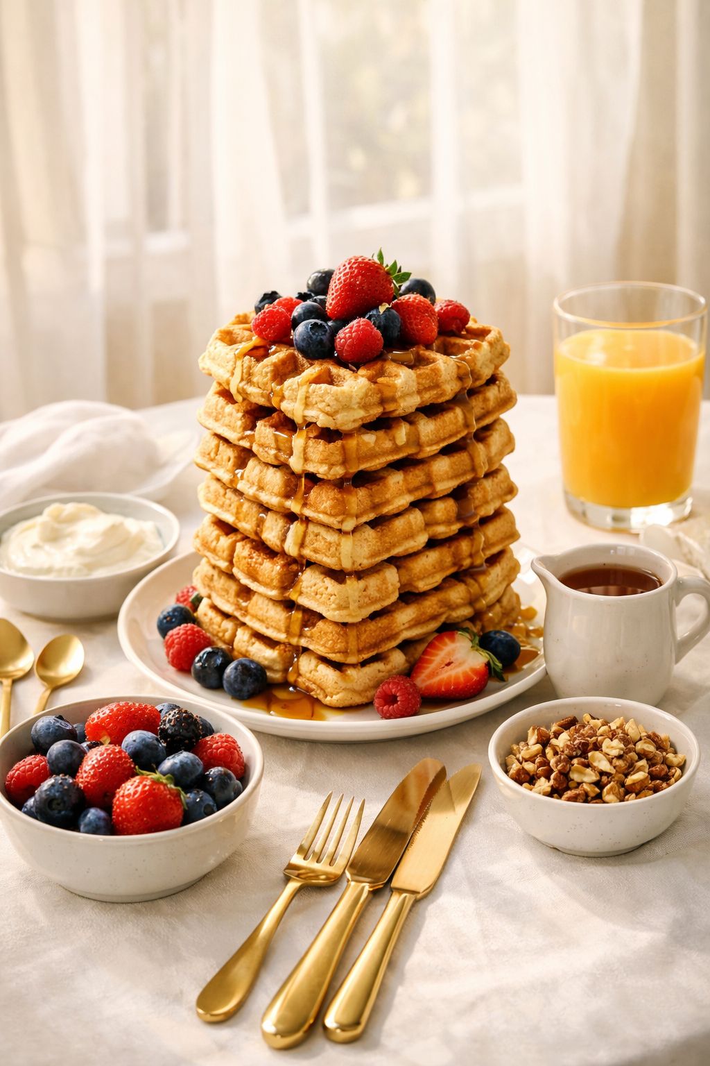 Portrait/Pinterest format () elegant brunch table setting with a tall stack of vanilla protein waffles as the centerpiece,