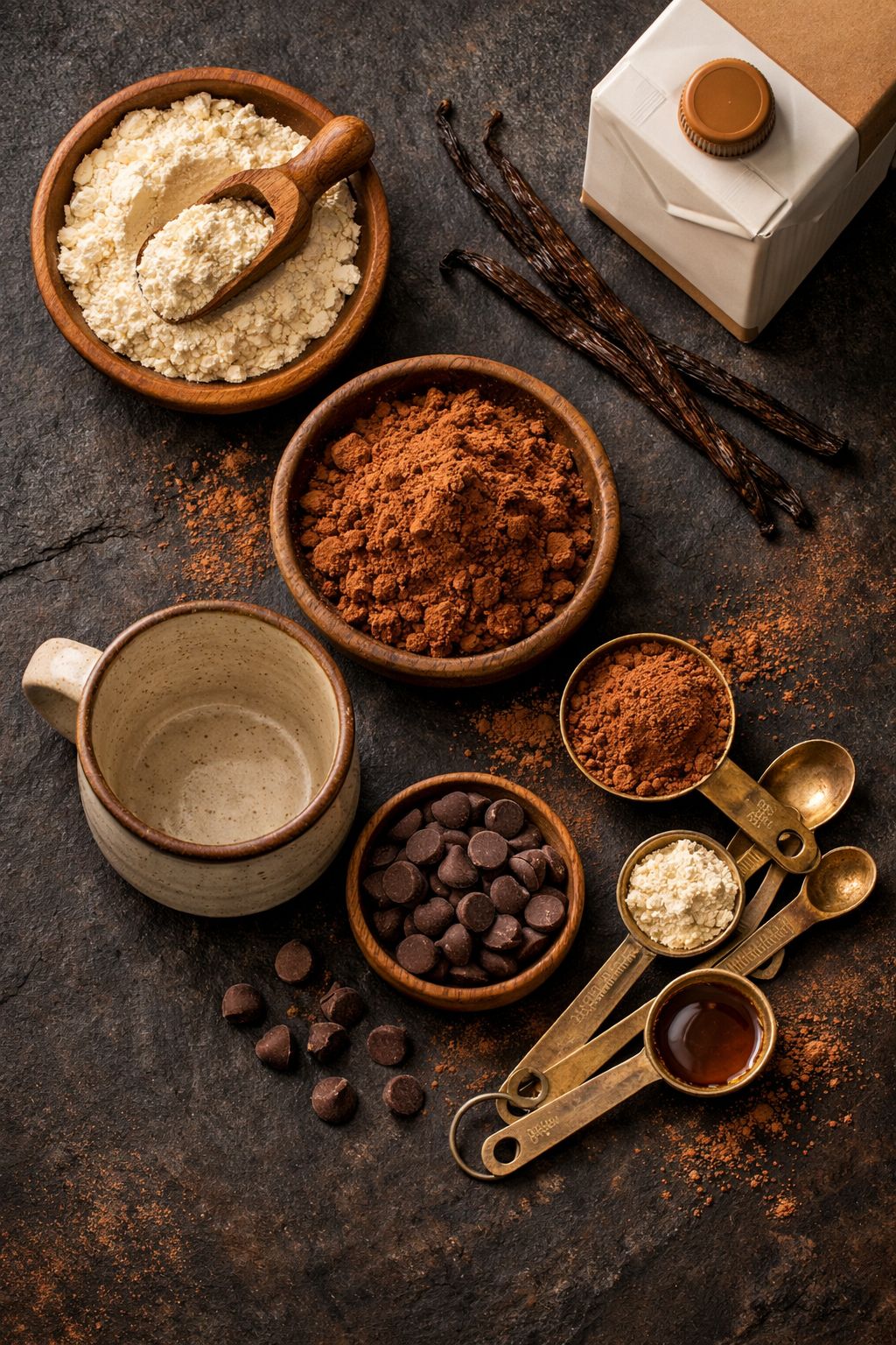 Portrait/Pinterest format () flat lay of hot chocolate ingredients including vanilla protein powder, raw cacao powder,