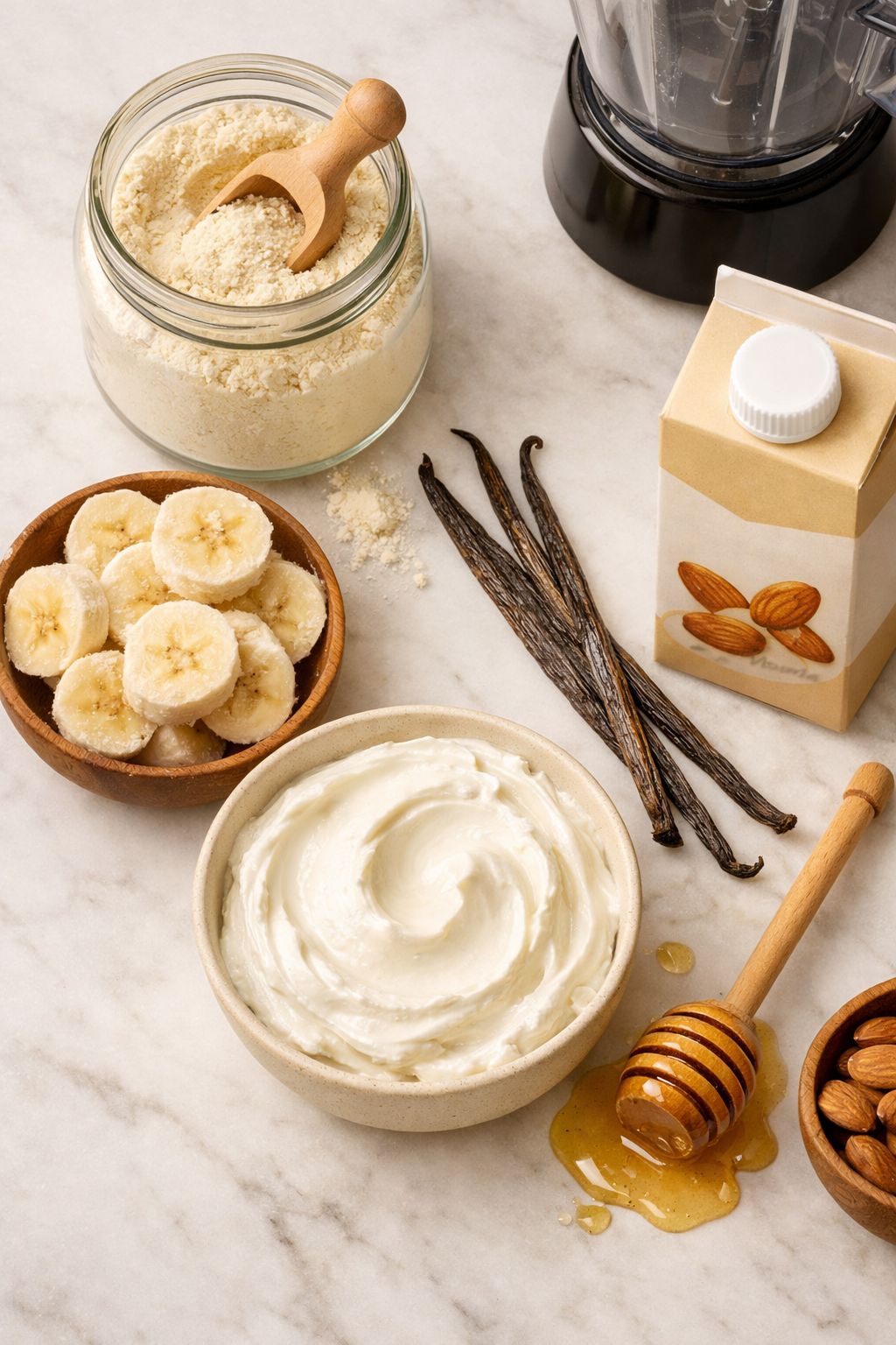 Portrait/Pinterest format () flat lay of key vanilla protein ice cream ingredients arranged artfully on a white marble