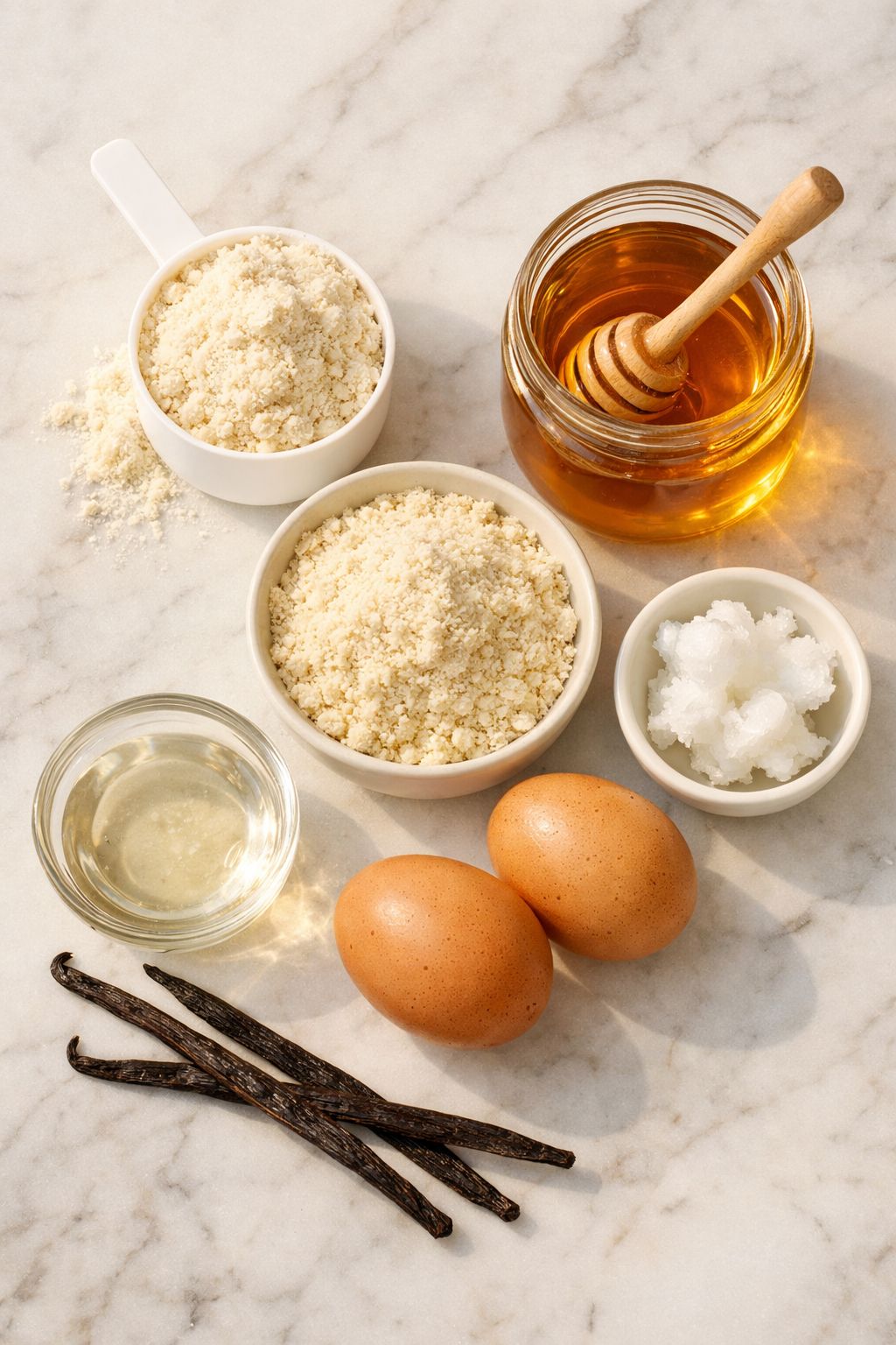Portrait/Pinterest format () flat-lay overhead shot of all ingredients for soft-baked vanilla protein cookies arranged