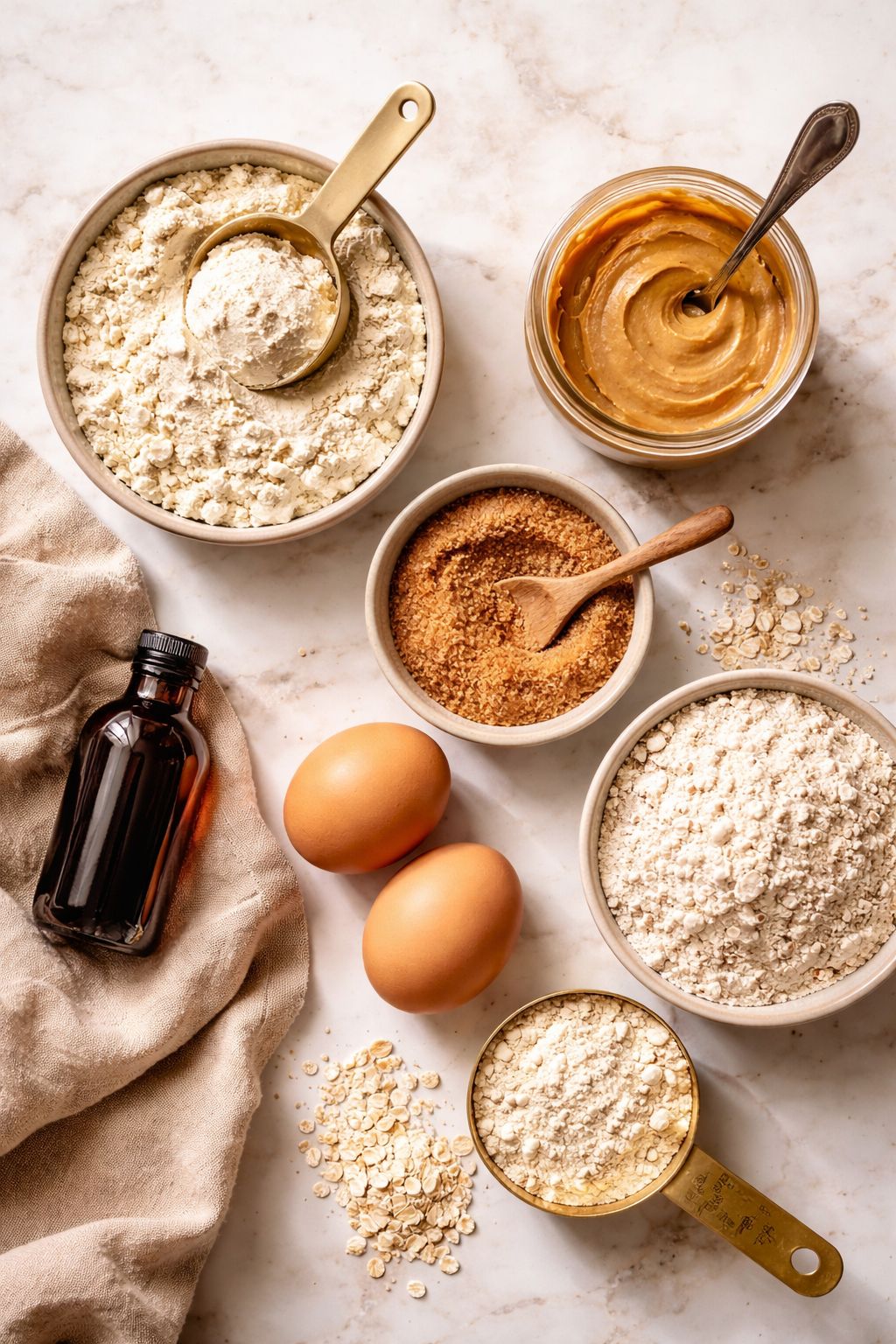 Portrait/Pinterest format () flat lay overhead shot of classic vanilla protein blondie ingredients arranged artfully on