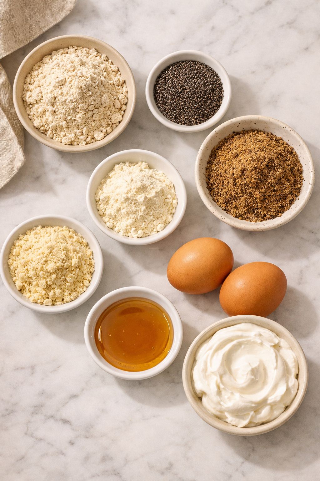 Portrait/Pinterest format () flat lay overhead shot of high-fiber muffin ingredients arranged artfully on a white marble