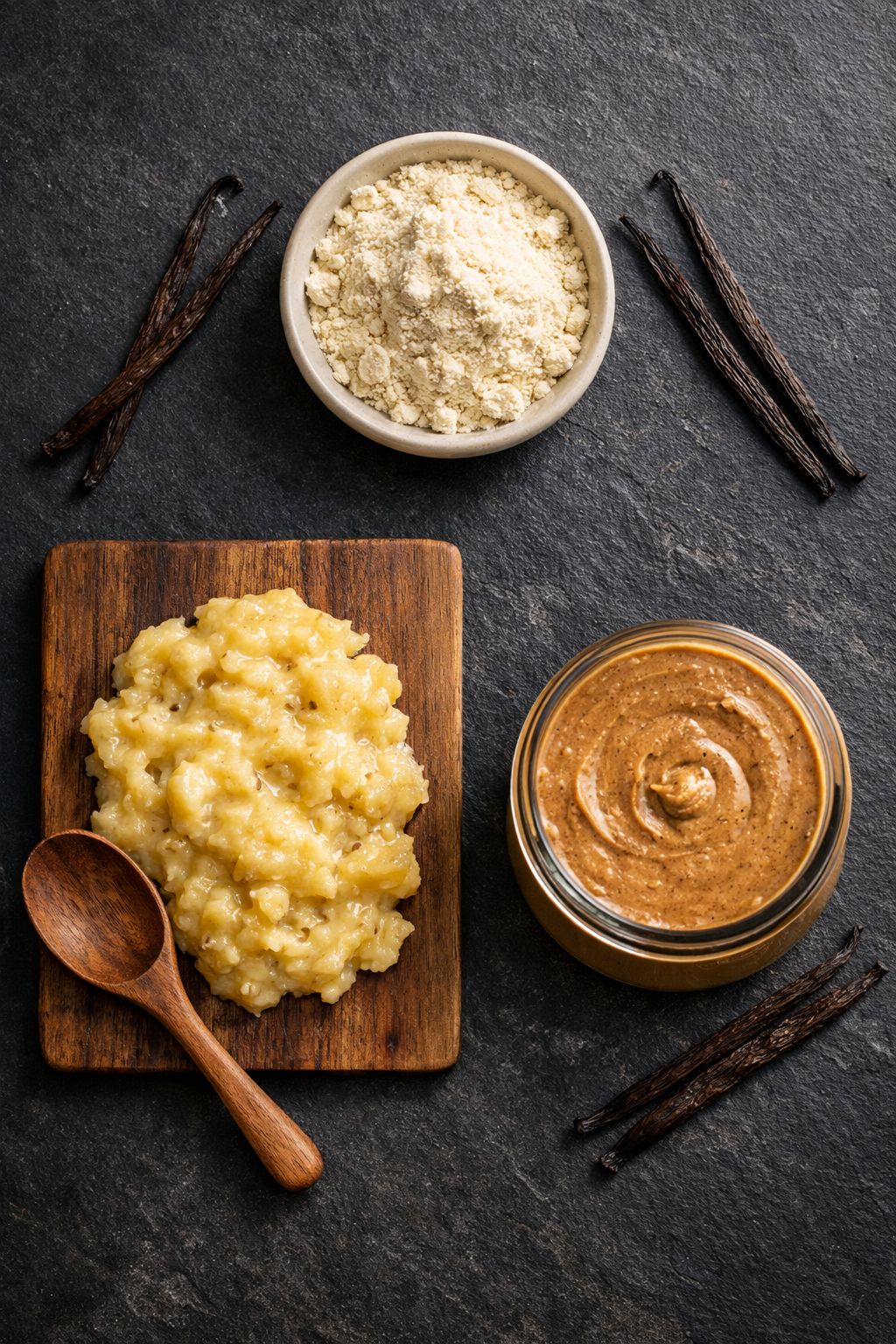 Portrait/Pinterest format () flat-lay overhead shot of three minimalist ingredient groupings — vanilla protein powder in a