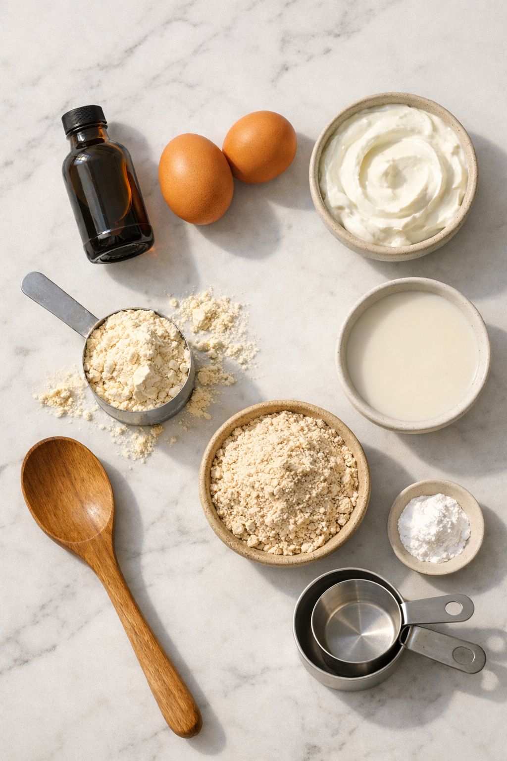 Portrait/Pinterest format () flat-lay overhead shot of vanilla protein waffle ingredients arranged artfully on a white