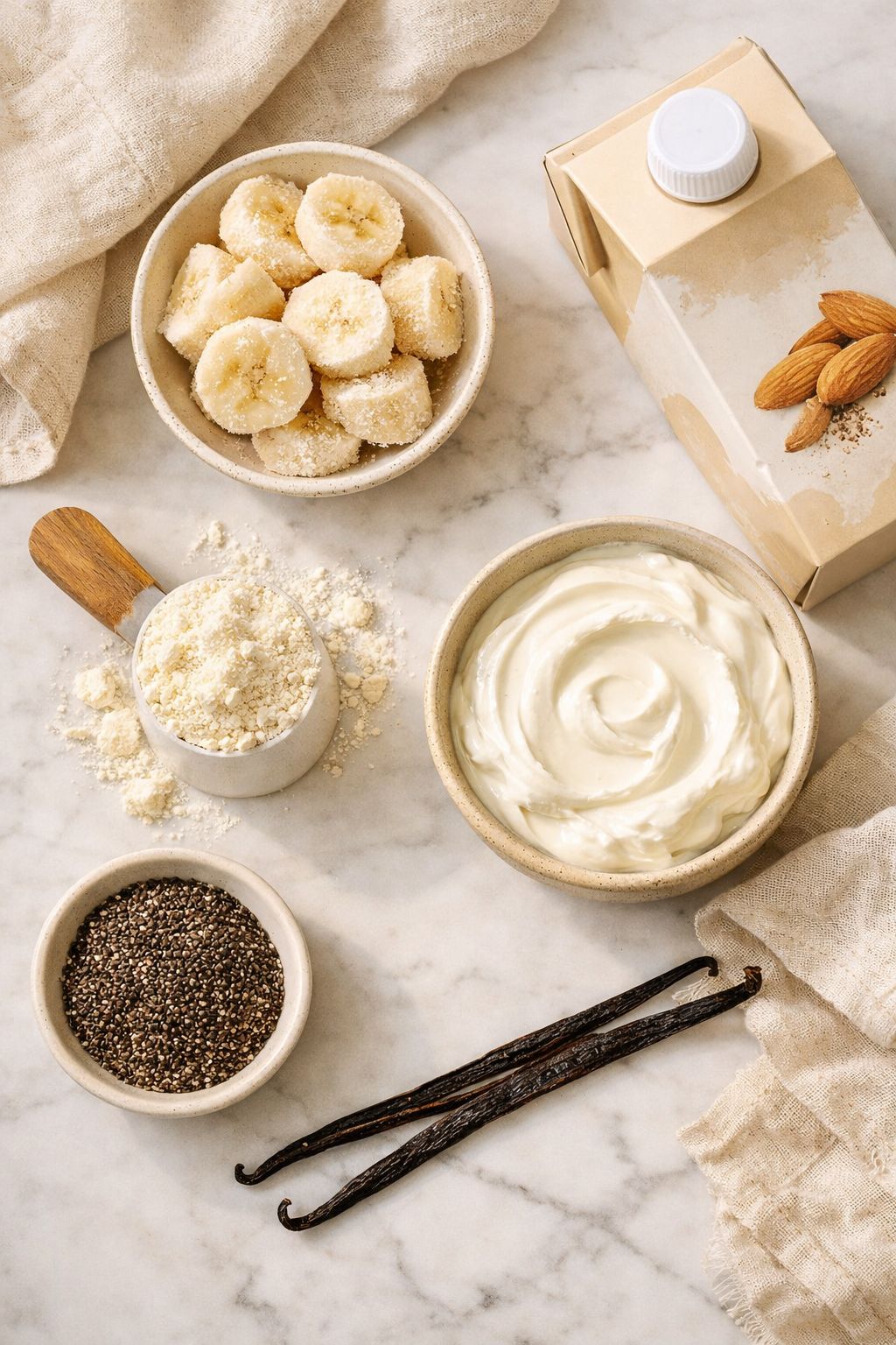 Portrait/Pinterest format () flat-lay overhead shot of vanilla smoothie ingredients arranged artfully on a white marble