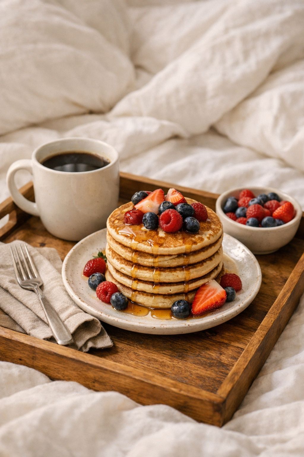Portrait/Pinterest format () lifestyle shot of a cozy Sunday morning breakfast scene from a 45-degree angle: a wooden tray