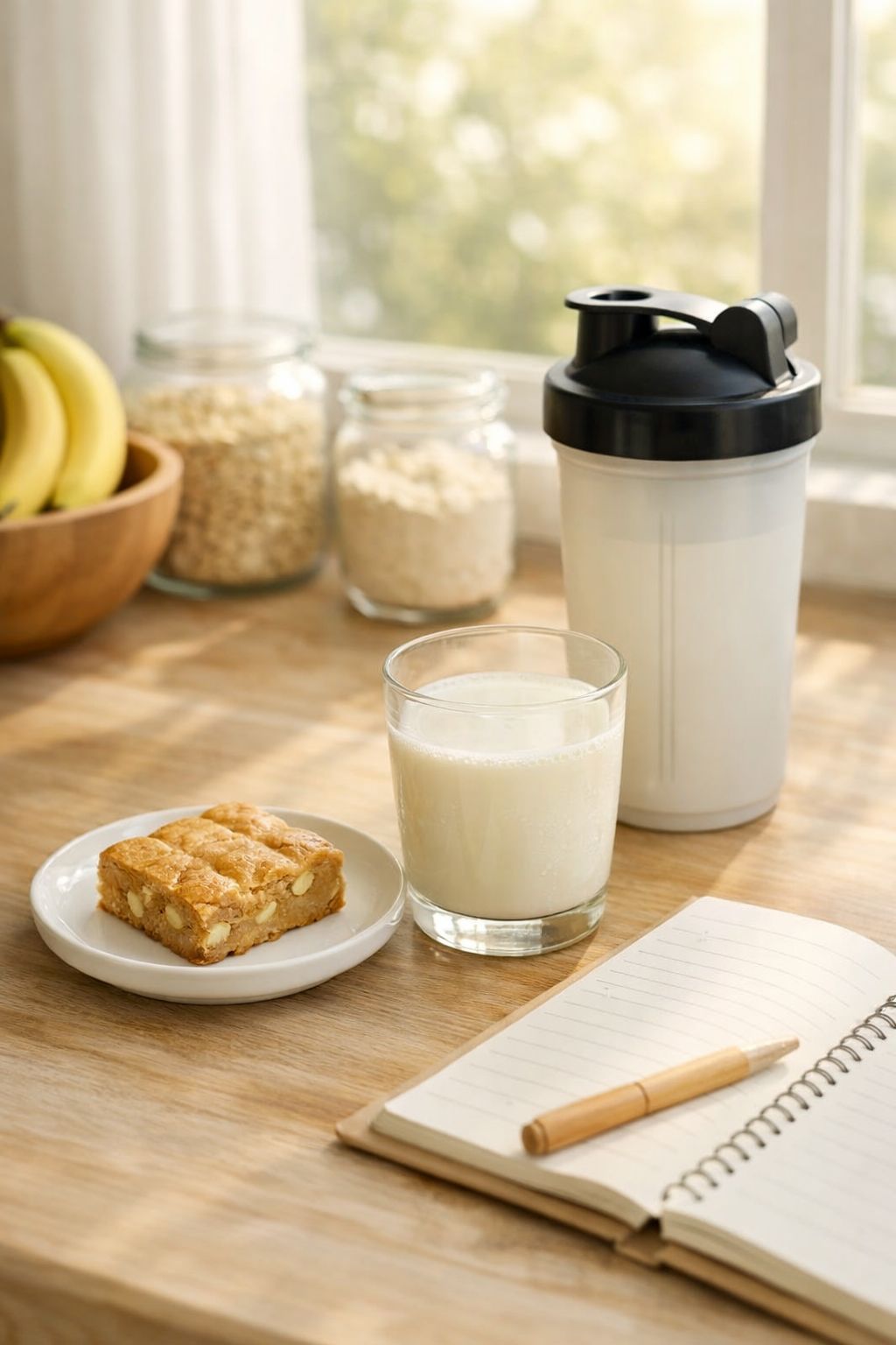 Portrait/Pinterest format () lifestyle shot of a fitness-focused kitchen counter scene showing a protein blondie bar on a
