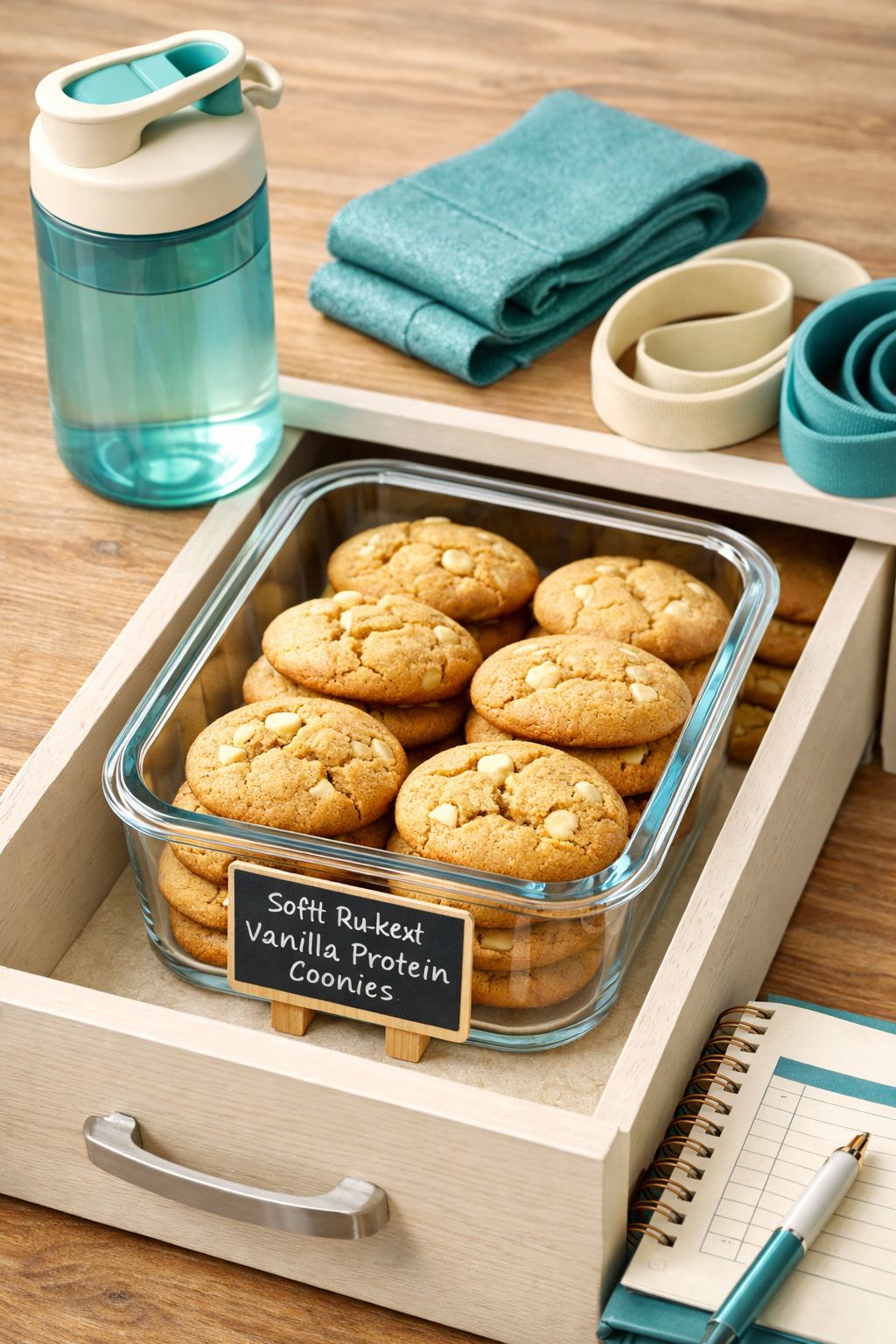 Portrait/Pinterest format () lifestyle shot of a glass meal-prep container inside an open snack drawer filled with neatly