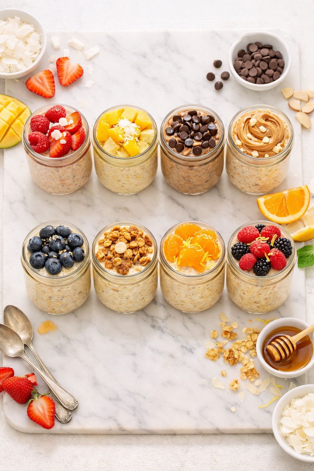 Portrait/Pinterest format () overhead bird's-eye composition of all eight different vanilla protein overnight oat variations