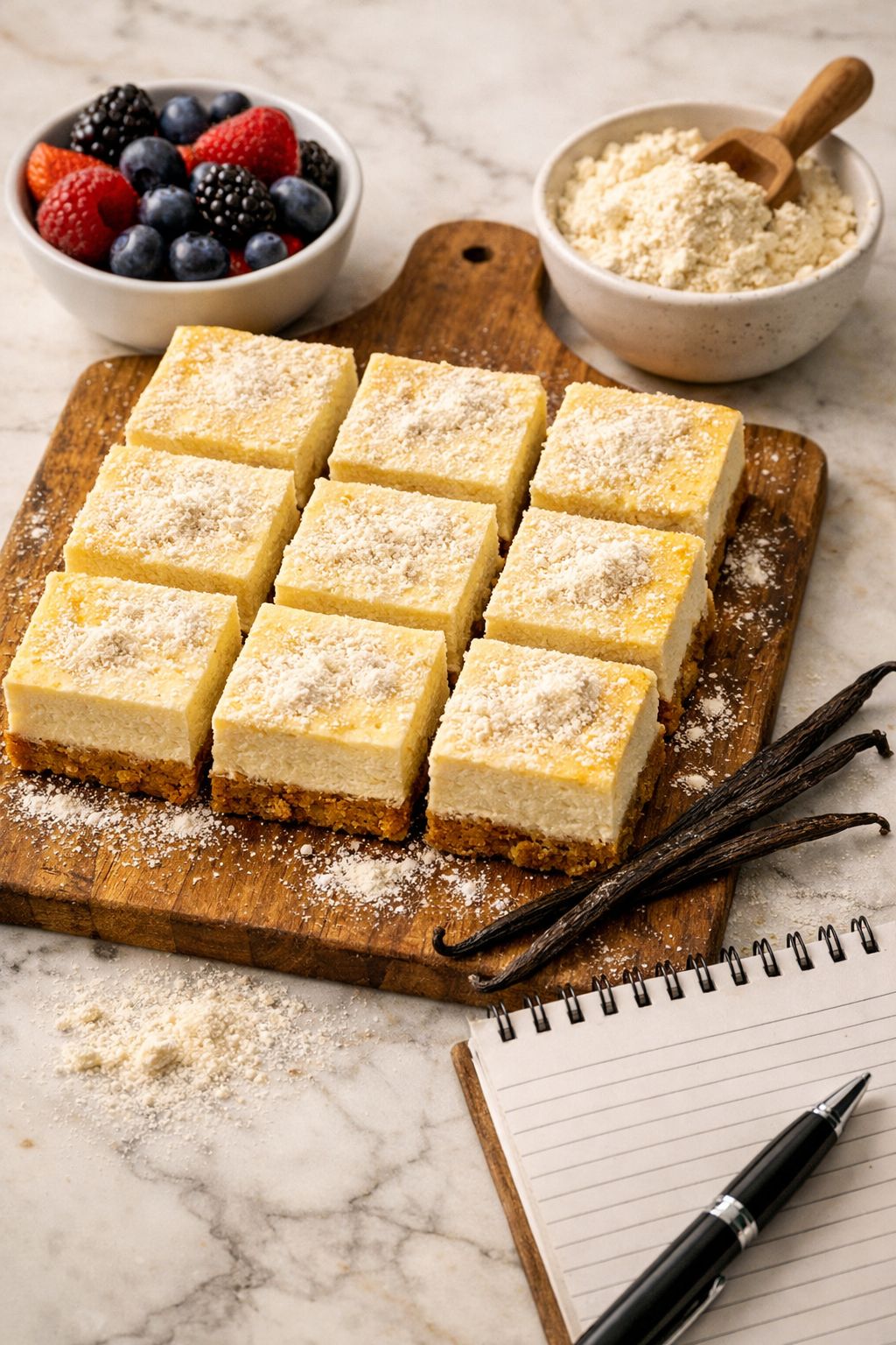 Portrait/Pinterest format () showing a beautifully plated protein cheesecake bar cut into perfect squares on a wooden