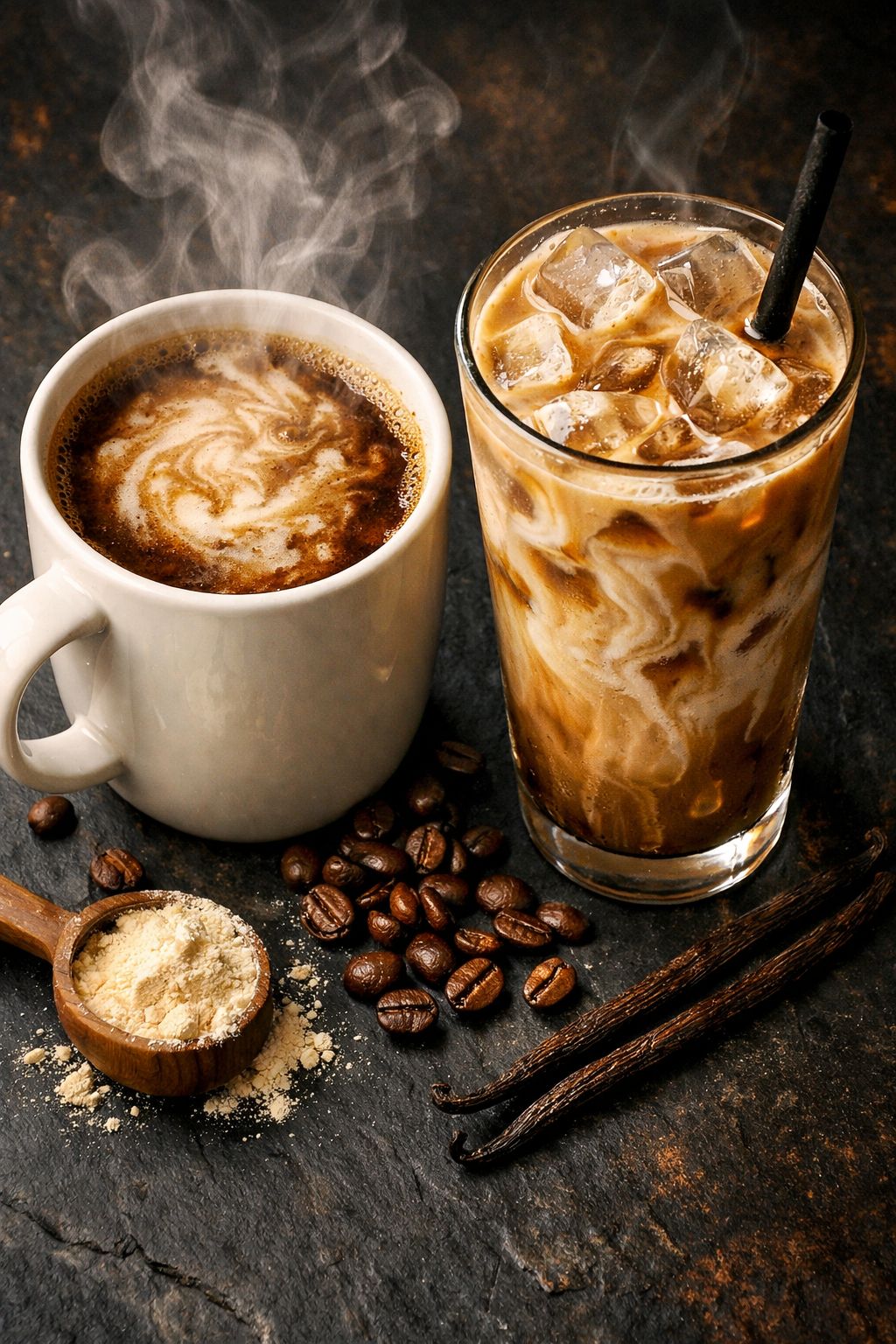 Portrait/Pinterest format () showing a close-up overhead shot of two contrasting proffee drinks side by side — one hot
