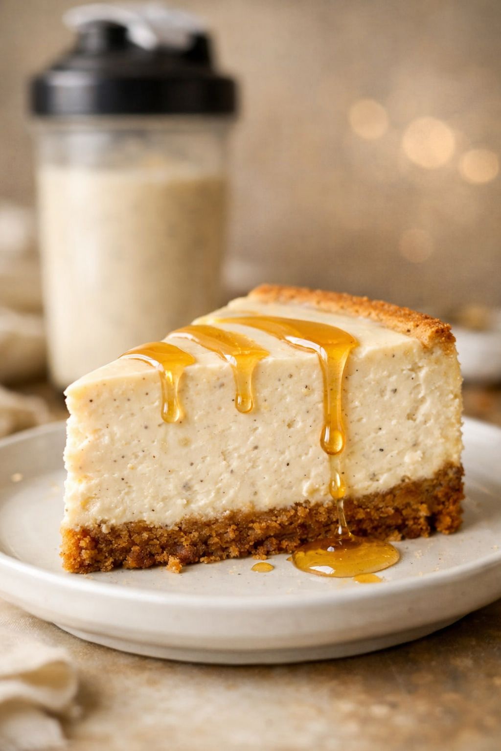 Portrait/Pinterest format () showing a close-up side angle of a classic New York style high-protein cheesecake slice on a