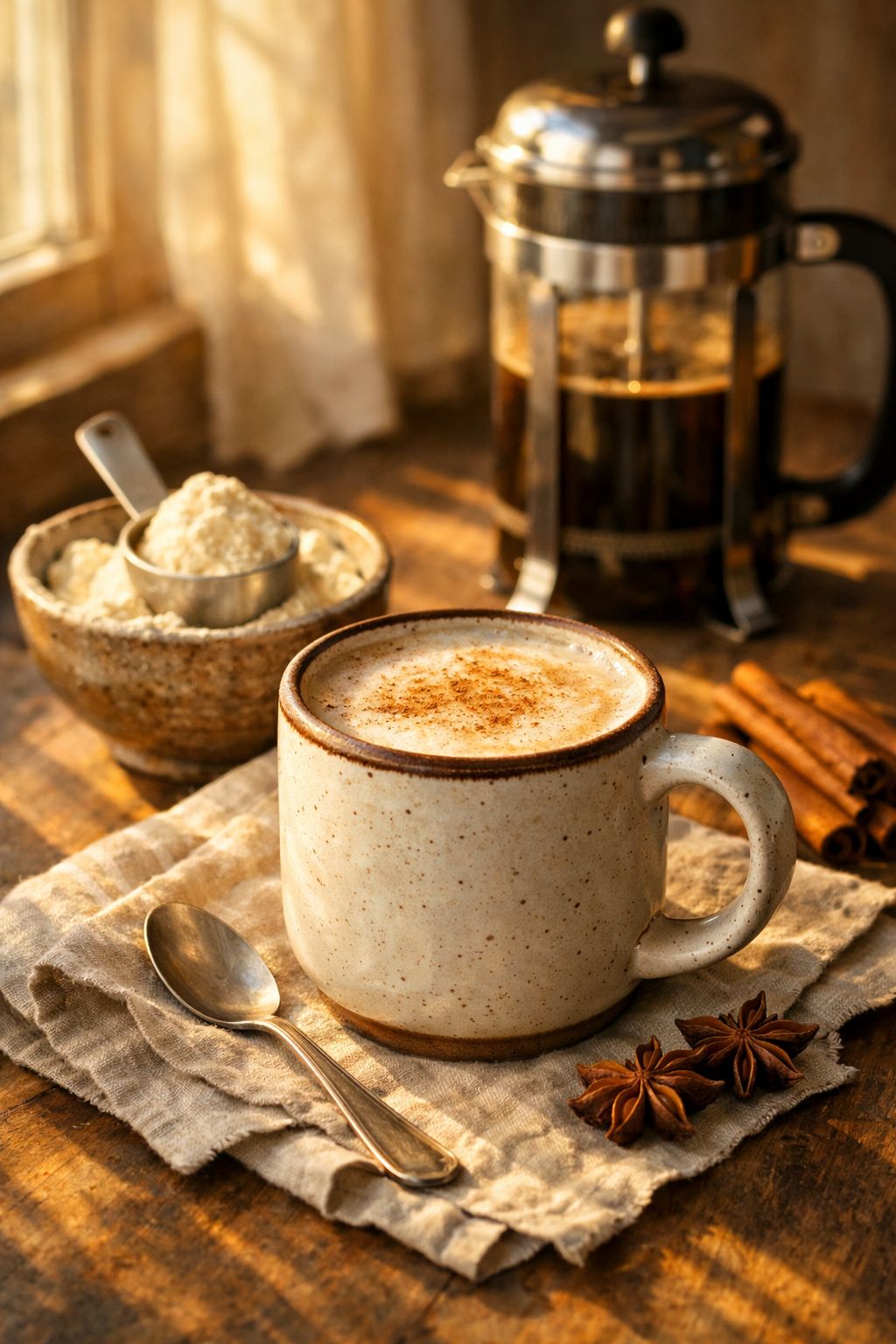 Portrait/Pinterest format () showing a cozy morning scene with a ceramic mug of hot vanilla protein latte on a linen napkin,