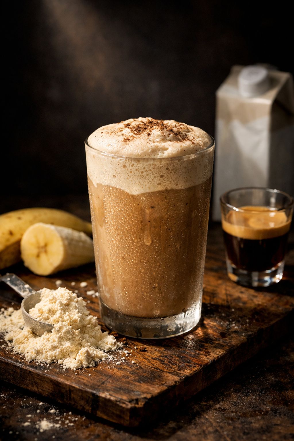 Portrait/Pinterest format () showing a dramatic side-angle shot of a blended proffee smoothie in a chilled glass with a