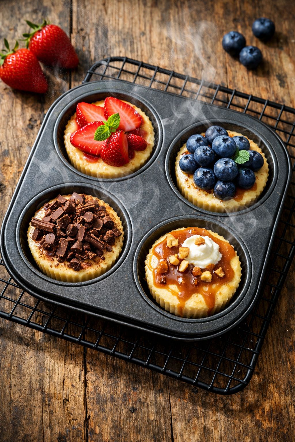 Portrait/Pinterest format () showing a dramatic top-down view of four mini protein cheesecakes in a muffin tin cooling on a