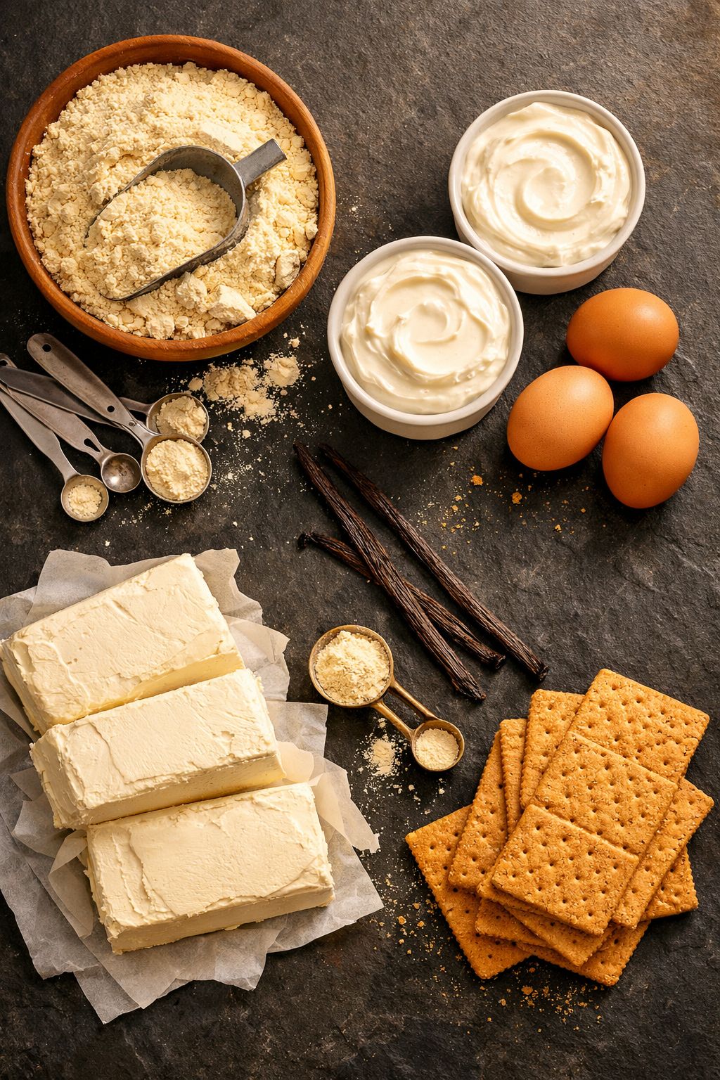 Portrait/Pinterest format () showing a flat-lay overhead shot of vanilla protein powder, cream cheese blocks, Greek yogurt