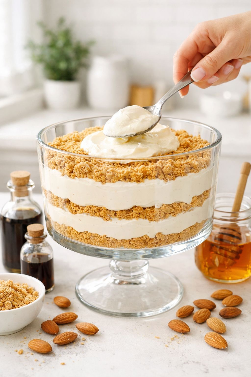 Portrait/Pinterest format () showing a no-bake protein cheesecake being assembled in a glass trifle dish, layers of vanilla