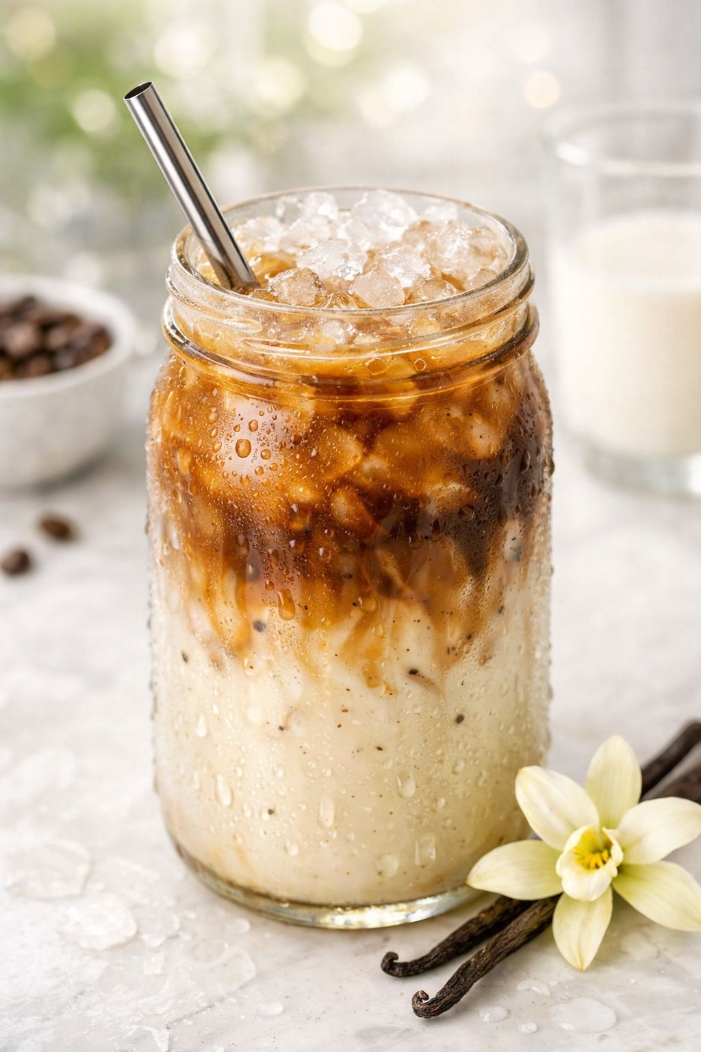 Portrait/Pinterest format () showing a tall mason jar filled with a layered vanilla protein iced coffee drink, distinct
