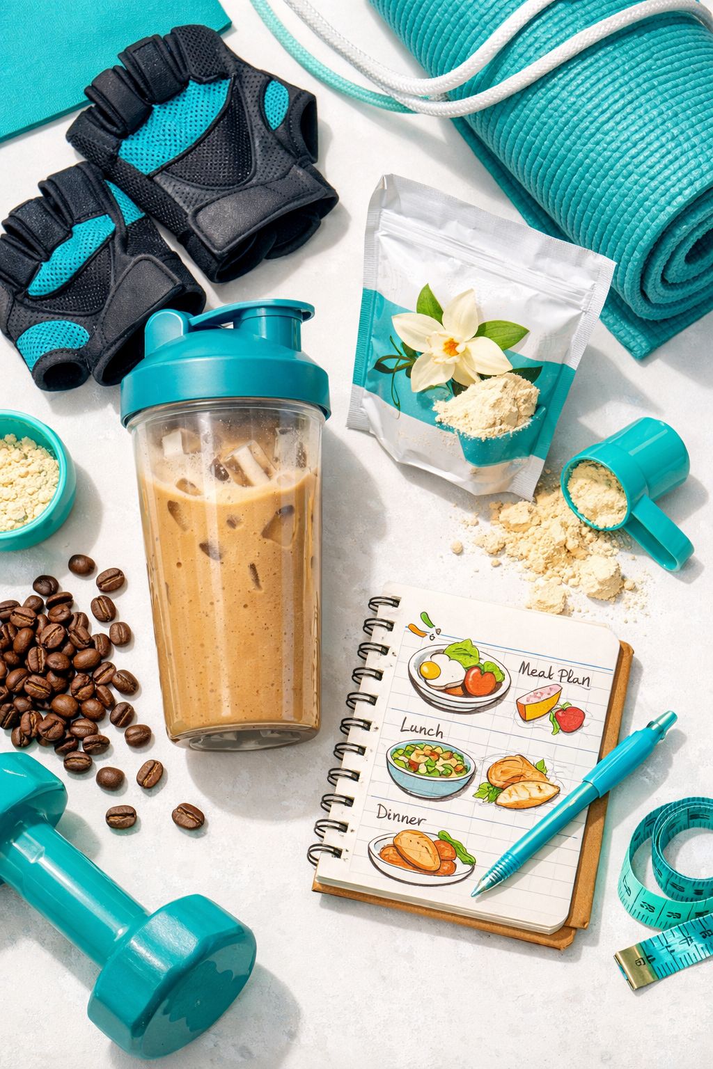 Portrait/Pinterest format () showing an energetic fitness-lifestyle flat-lay with a proffee drink in a clear shaker bottle