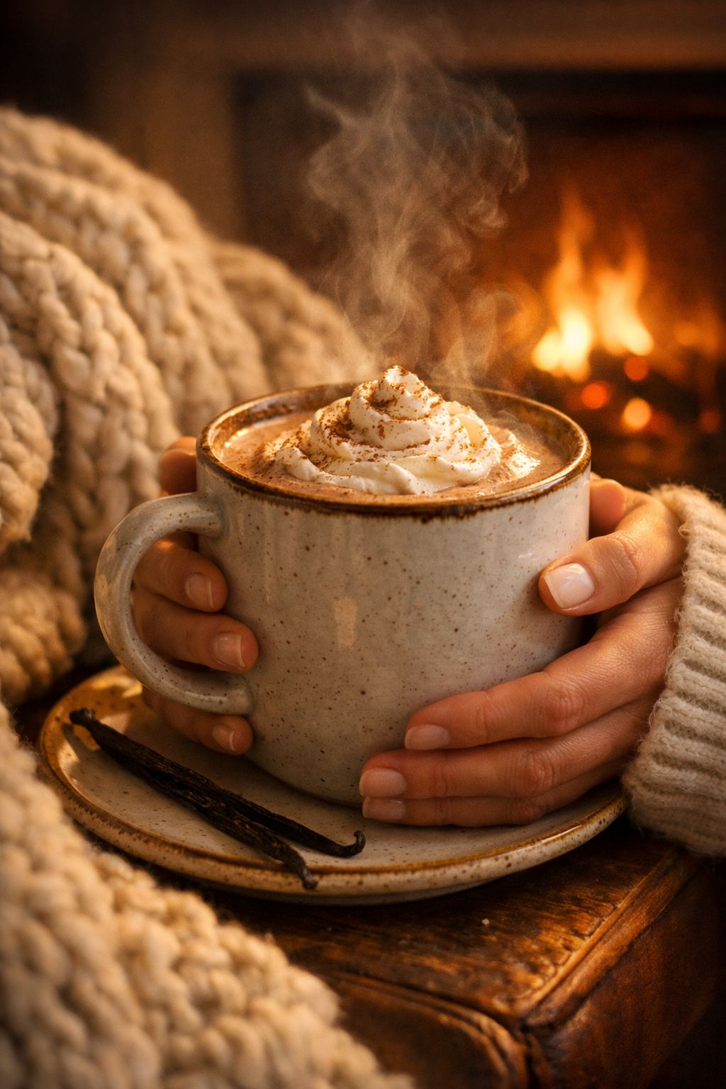 Portrait/Pinterest format () side-angle editorial shot of a person's hands wrapping around a large ceramic mug of thick