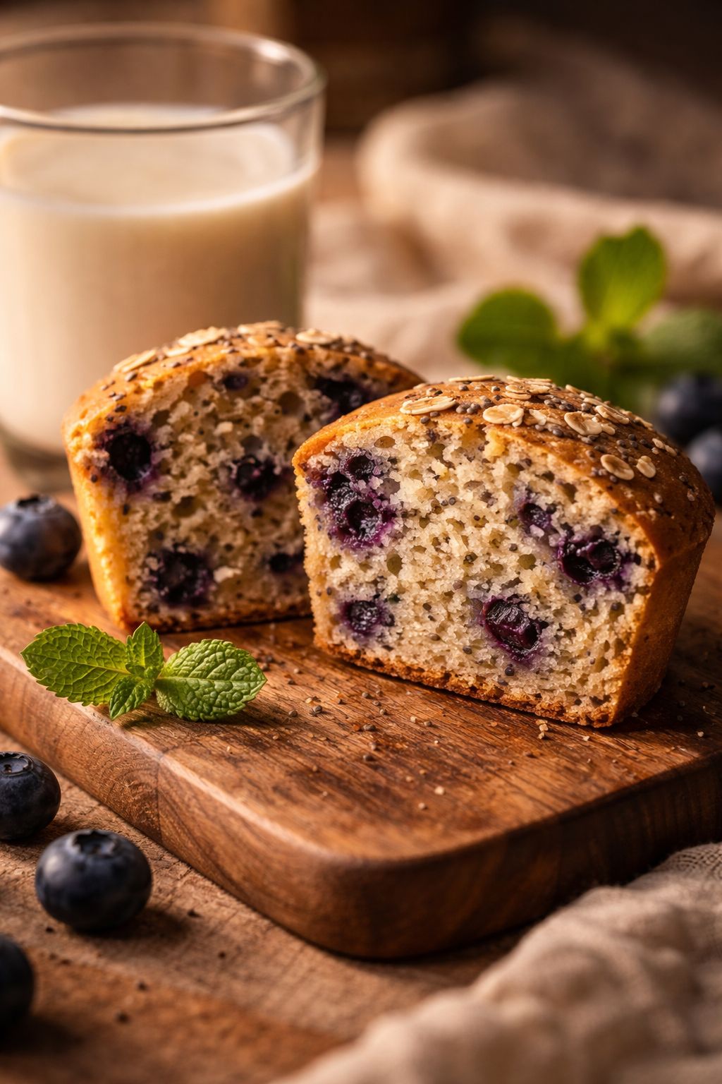 Portrait/Pinterest format () side-angle shot of a cross-section of a vanilla protein muffin cut in half on a wooden cutting