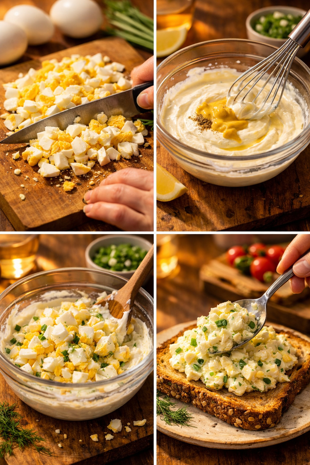 Portrait/Pinterest format () step-by-step process collage-style image showing four sequential moments of making Greek yogurt