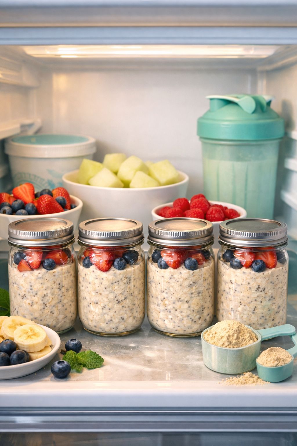 Portrait/Pinterest format () styled flat-lay image showing meal prep scene with four mason jars of vanilla protein overnight
