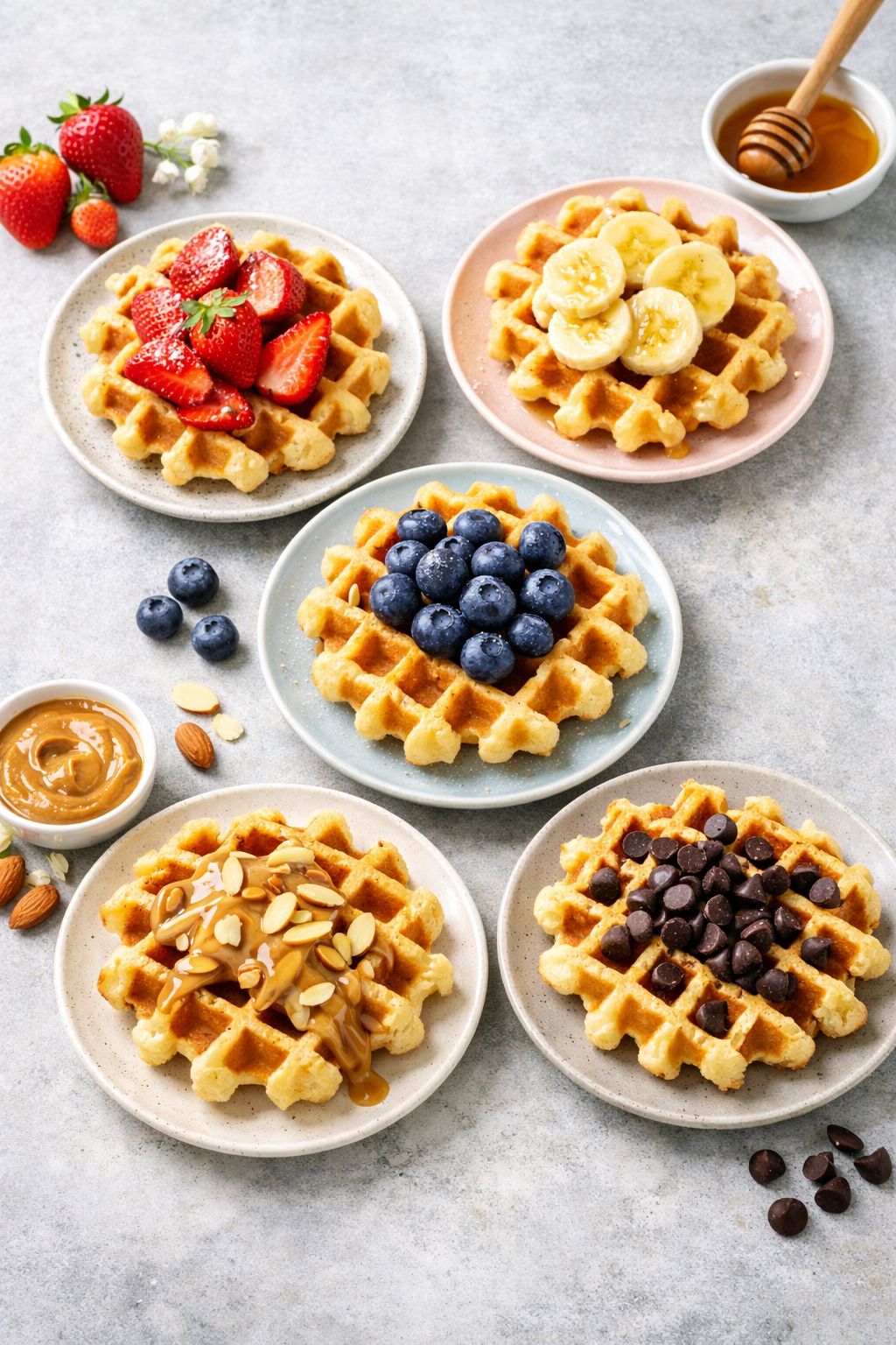 Portrait/Pinterest format () styled food photography of five different vanilla protein waffles displayed on separate small