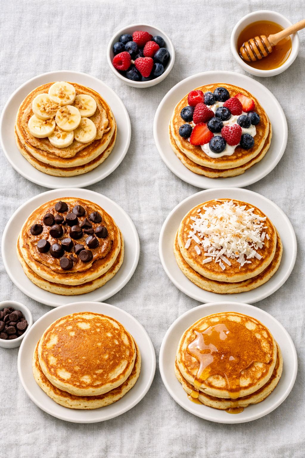 Portrait/Pinterest format () styled food photography of six different plated vanilla protein pancake variations arranged in
