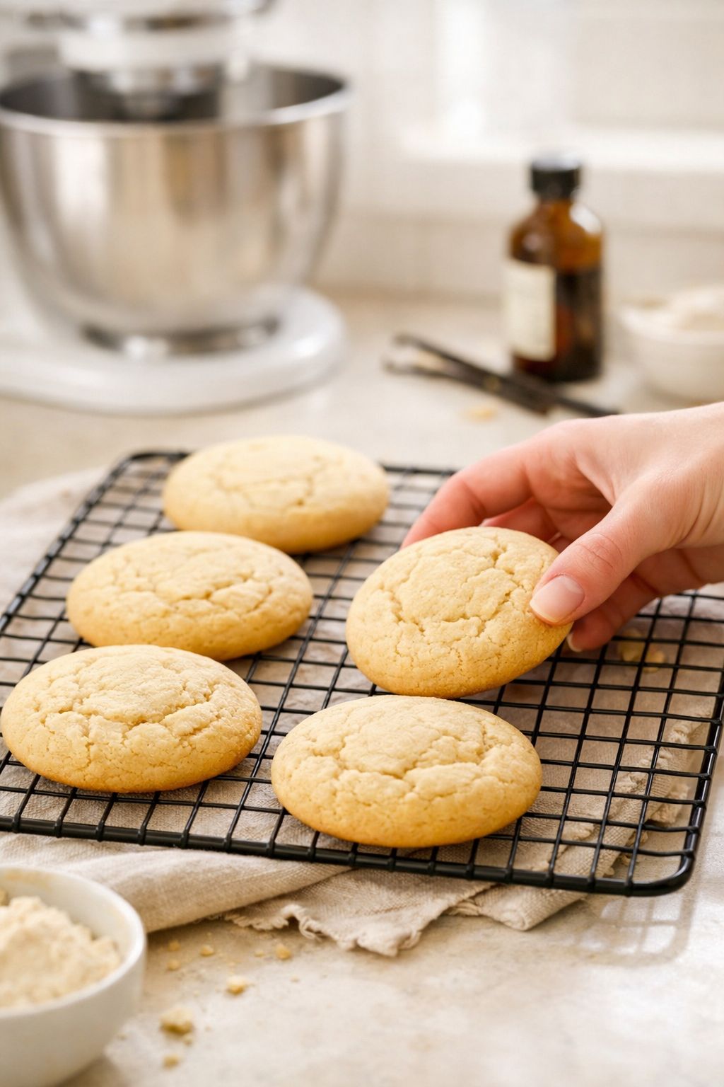 Portrait/Pinterest format () styled food photography showing a wire cooling rack with six perfectly round soft-baked vanilla