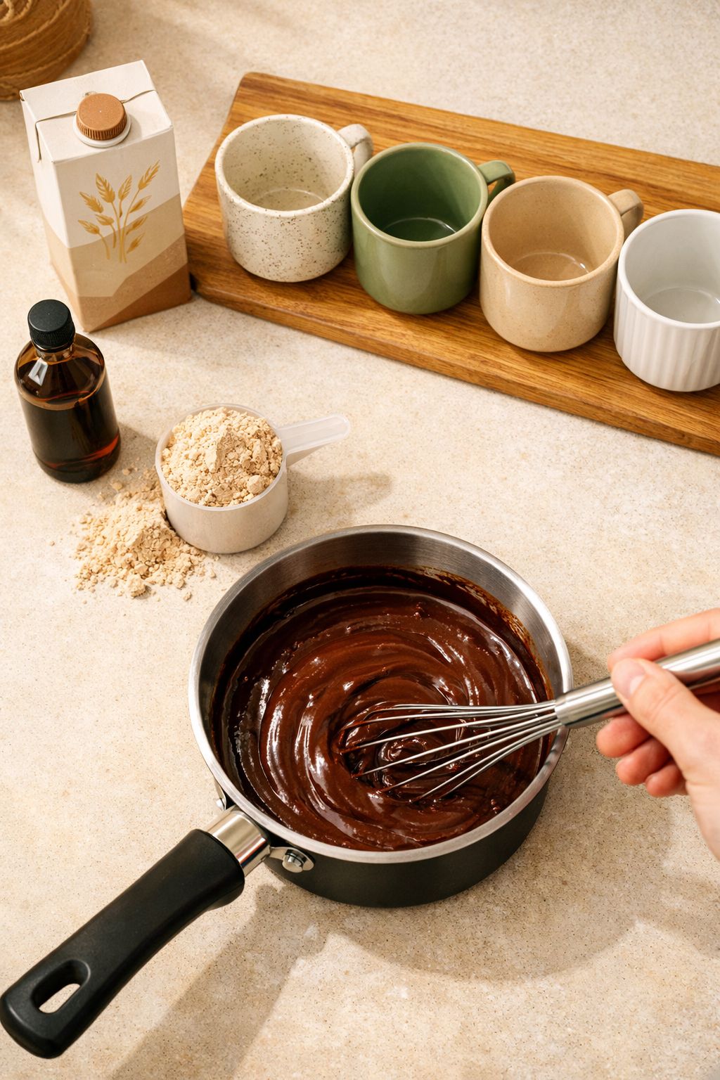 Portrait/Pinterest format () styled kitchen counter scene showing a small saucepan with rich chocolate mixture being