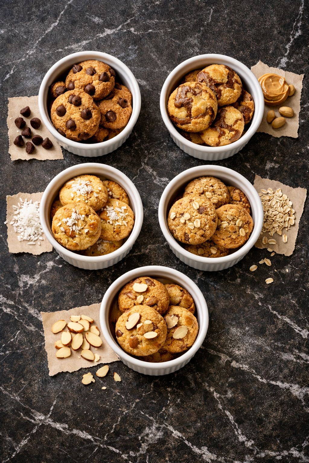 Portrait/Pinterest format () styled overhead flat-lay of a comparison table scene — five small white ramekins each holding