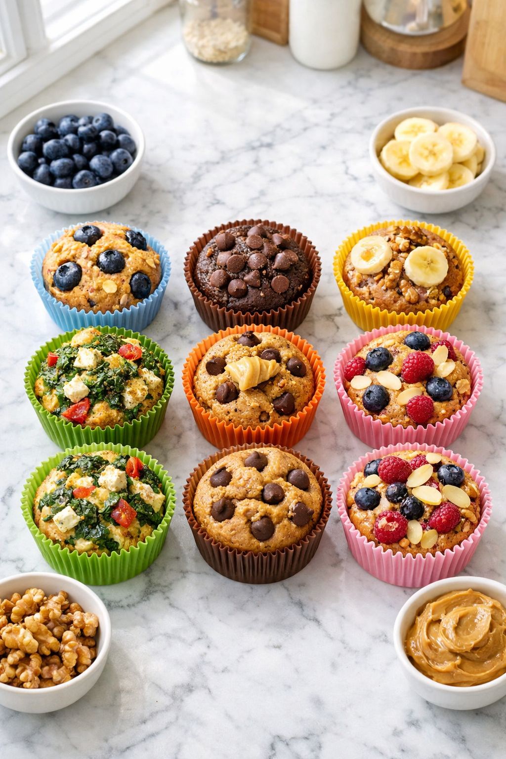 Portrait/Pinterest format () styled scene showing a meal prep setup with six different protein muffin varieties arranged in